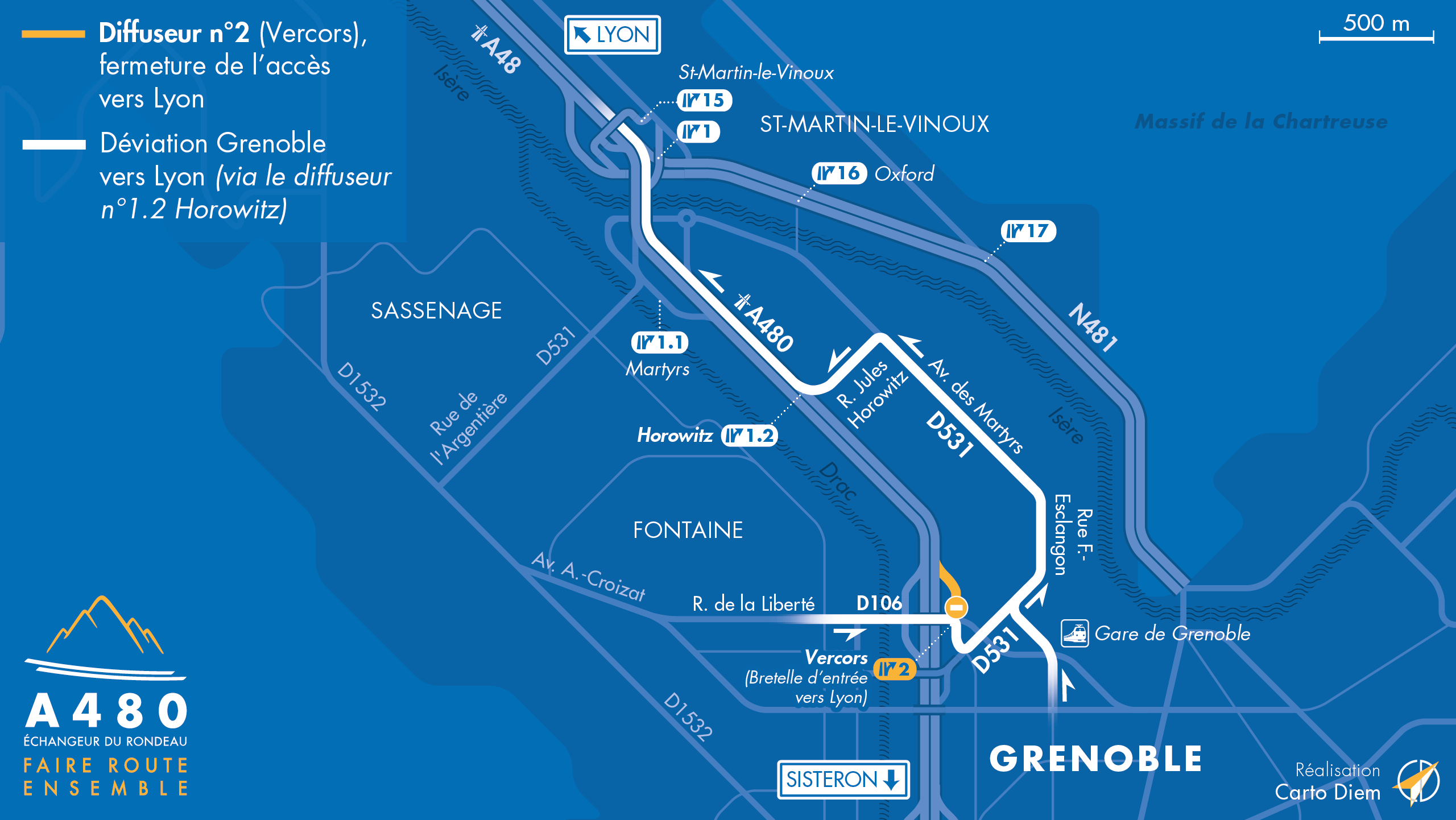 Carte de déviation suite aux travaux sur l'autoroute A480 au niveau du diffuseur de Vercors