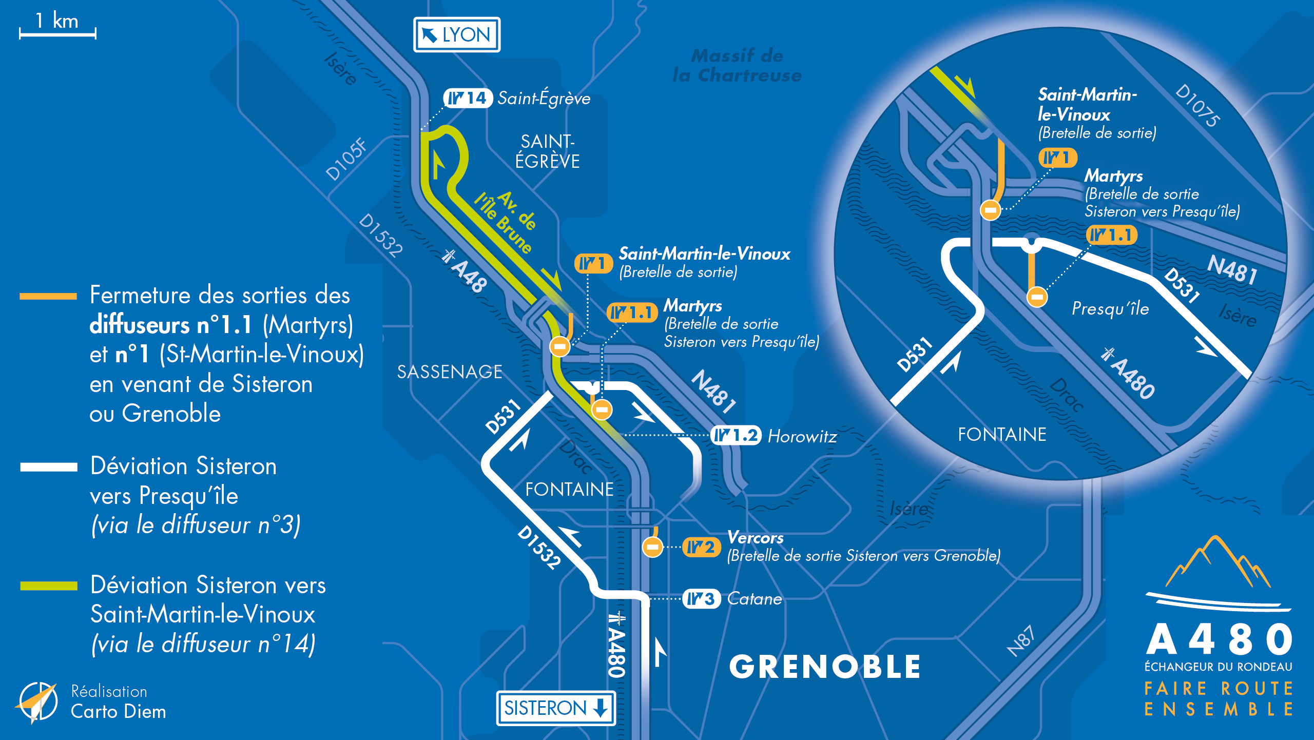 Carte de déviation suite aux travaux sur l'autoroute A480 au niveau du diffuseur de Vercors.
