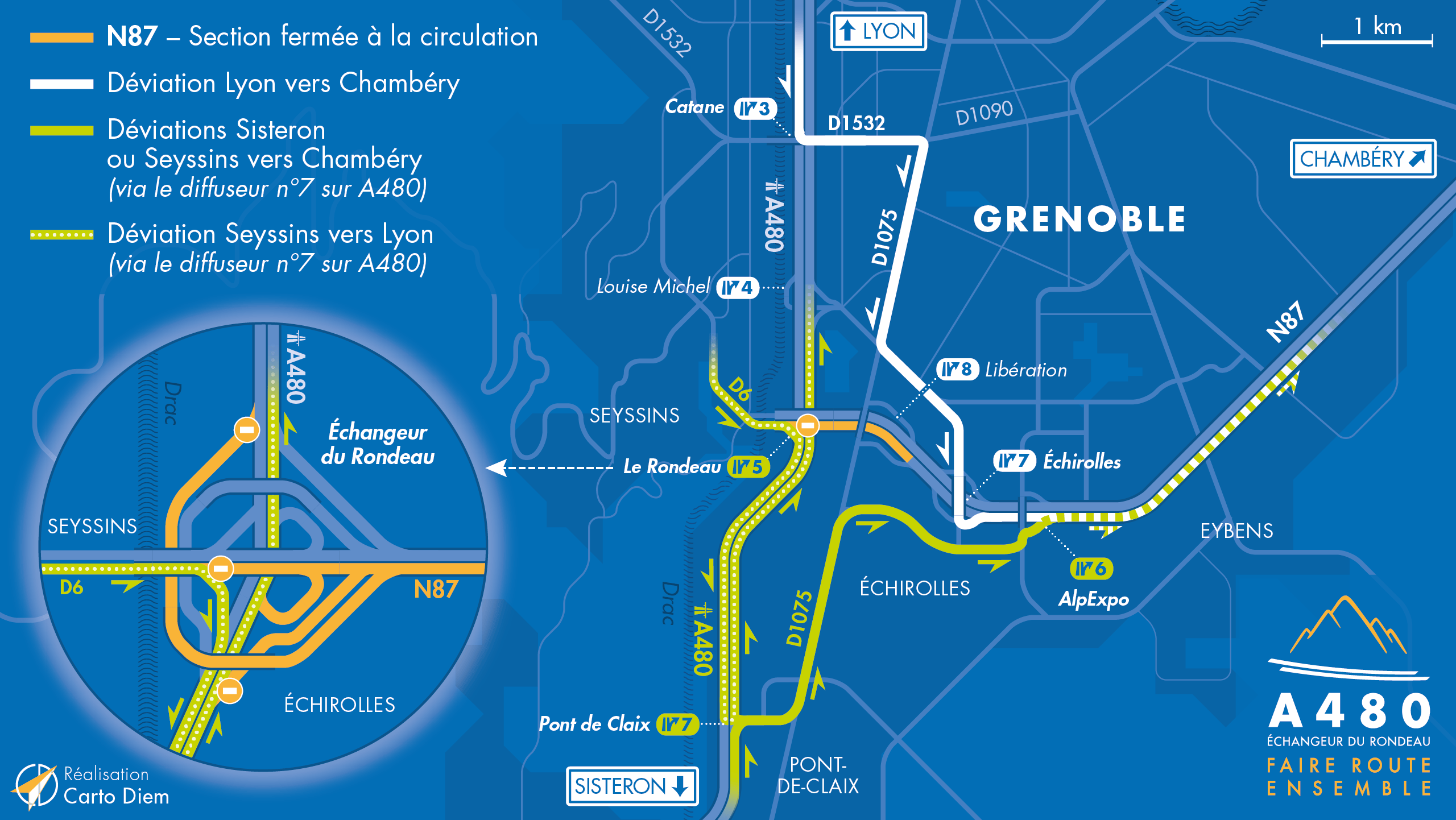 Carte de déviation suite aux travaux d'aménagement sur la nationale N87 par les équipes de la DREAL