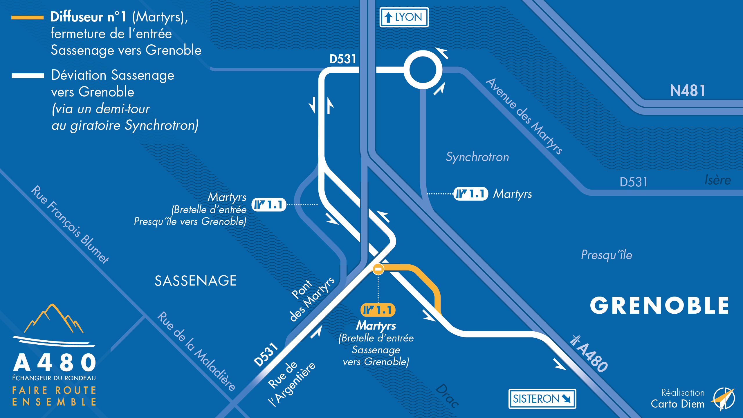 Carte de déviation suite aux travaux sur l'autoroute A480 au niveau du diffuseur de Martyrs