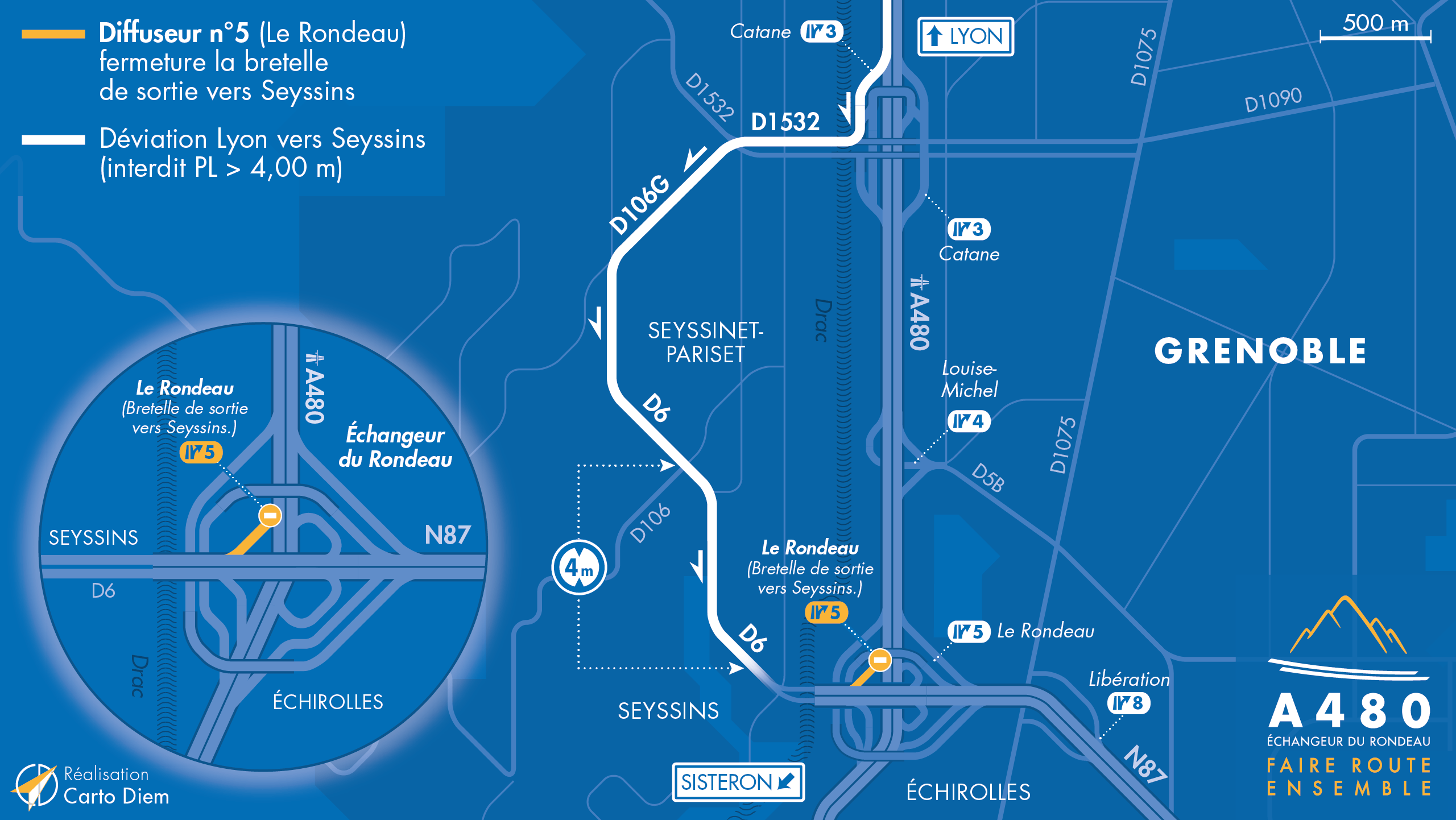 Carte de déviation sur le secteur du Rondeau suite aux travaux d'aménagement par les équipes de la DREAL