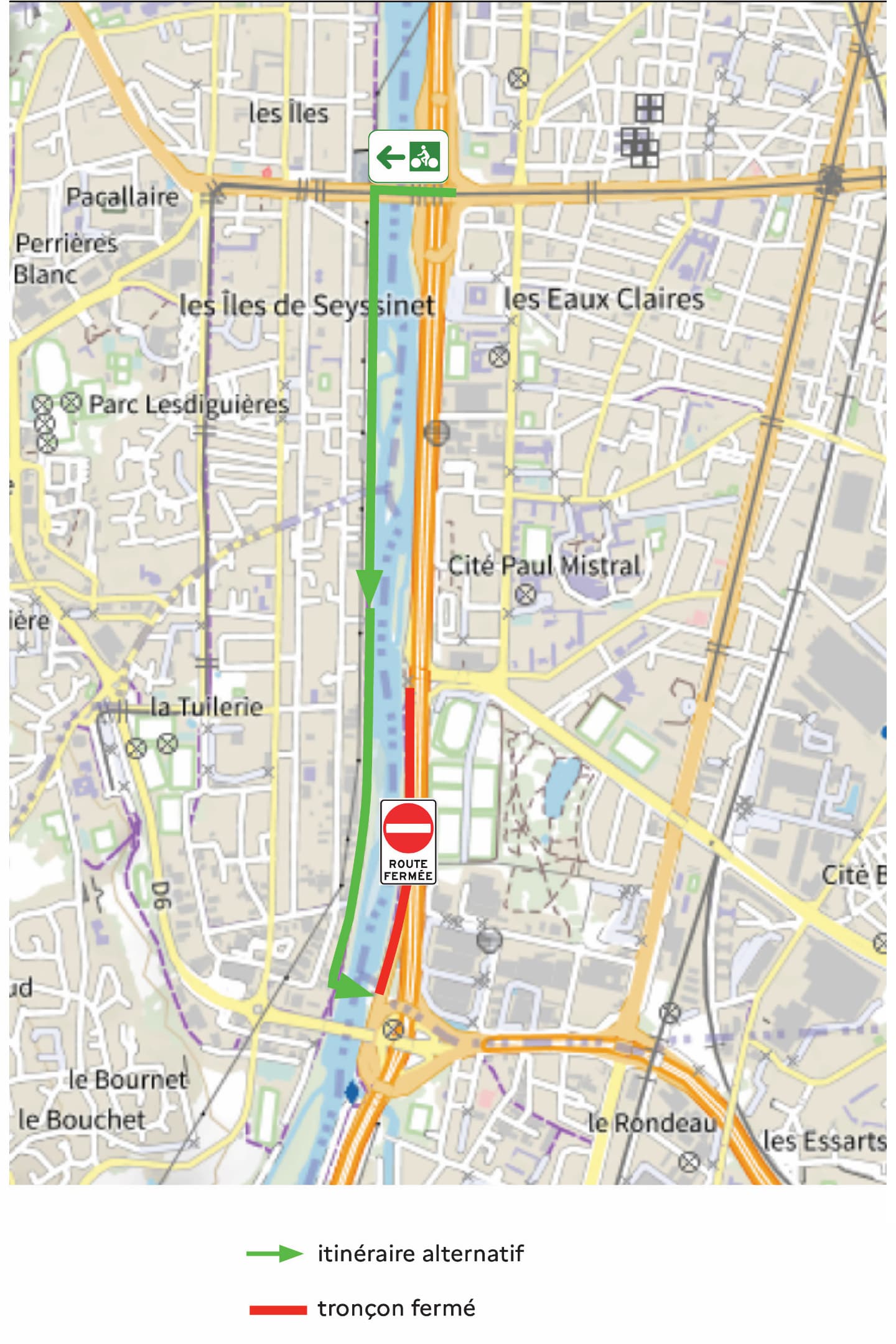 Carte de déviation sur la piste cyclable en direction du Rondeau sur la métropole Grenobloise.