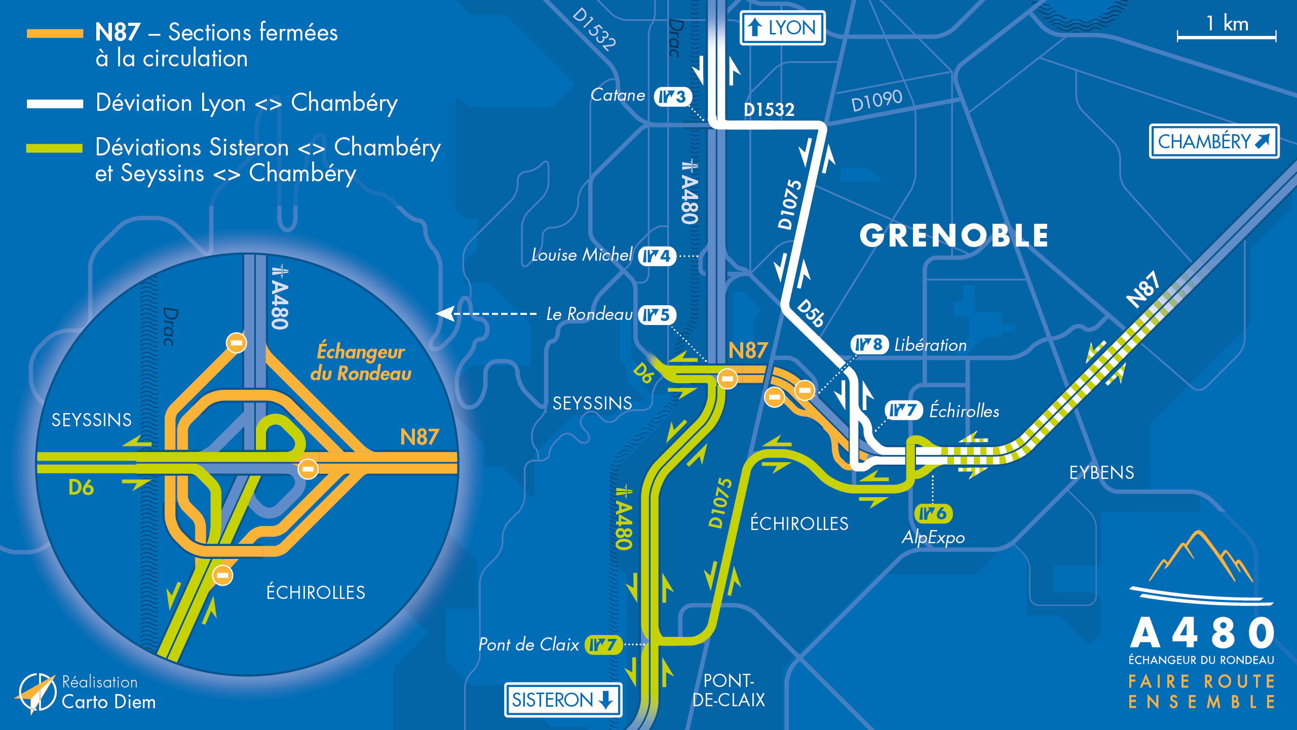 Carte de déviation sur le secteur du Rondeau suite aux travaux d'aménagement par les équipes de la DREAL