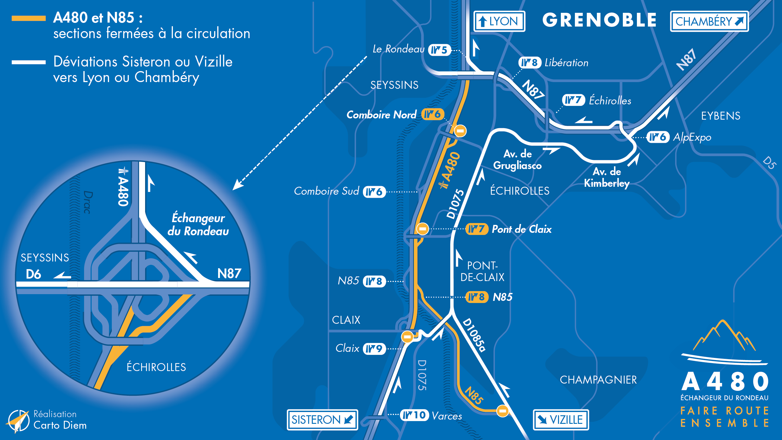 Carte de déviation suite à la fermeture de l'autoroute A480 et la nationale N85 entre Claix et le Rondeau en direction de Lyon