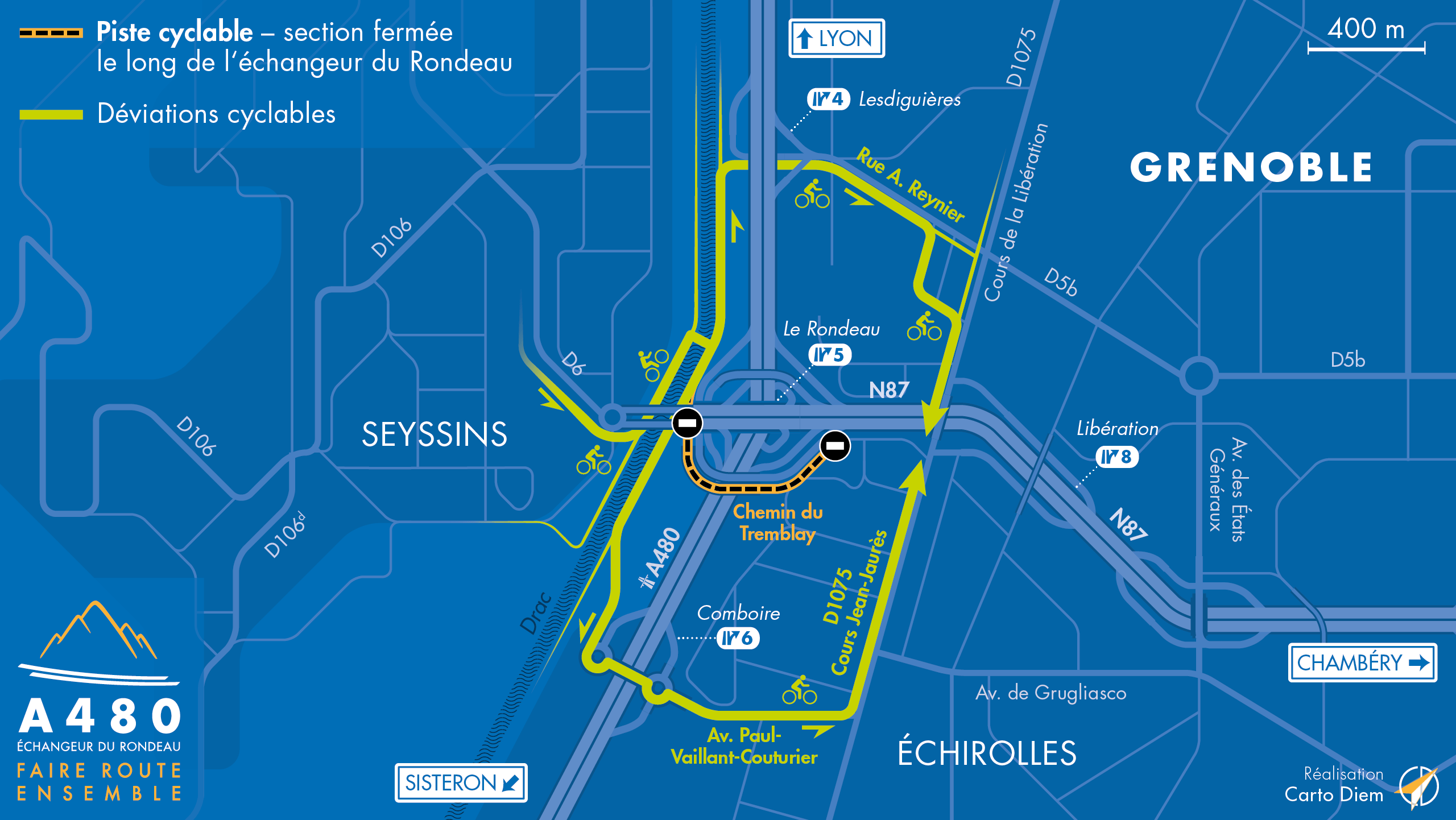 Déviations suite à la fermeture de la piste cyclable entre les berges du Drac et la rue du Tremblay