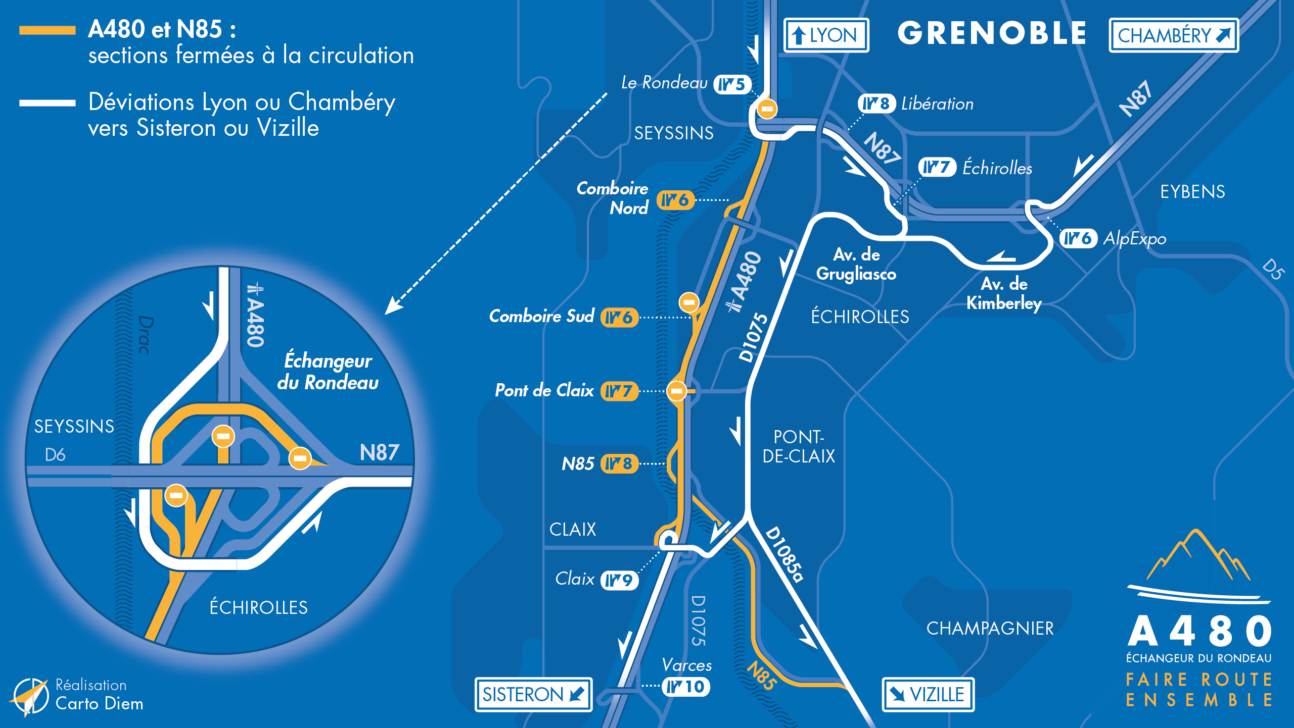 Carte de déviation suite à la fermeture de l'autoroute A480 et la nationale N85 entre le Rondeau et Claix en direction de Sisteron