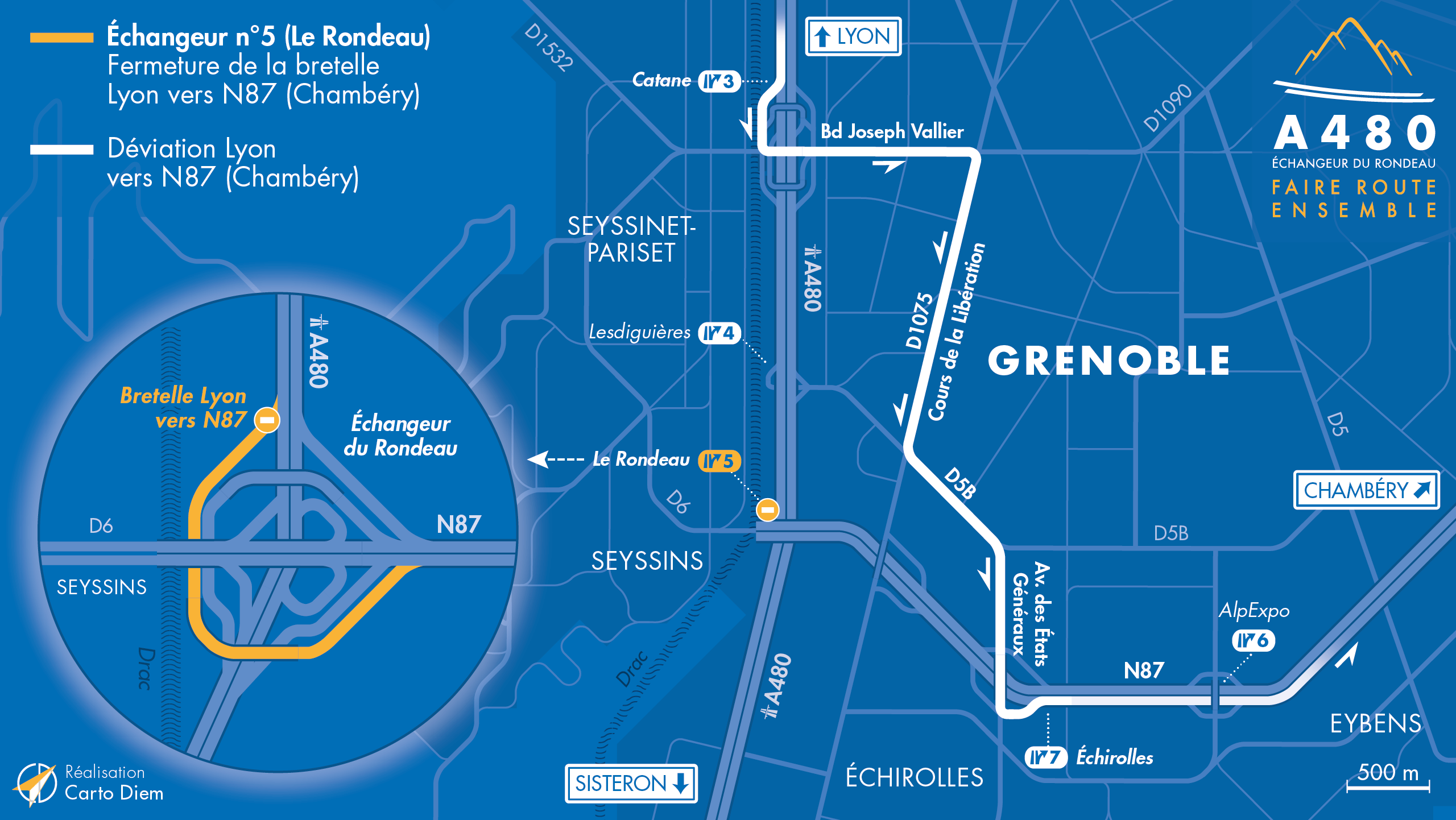 Carte de déviation suite aux travaux d'aménagement sur la bretelle d'insertion Nord en direction de la nationale N87 par les équipes de la DREAL