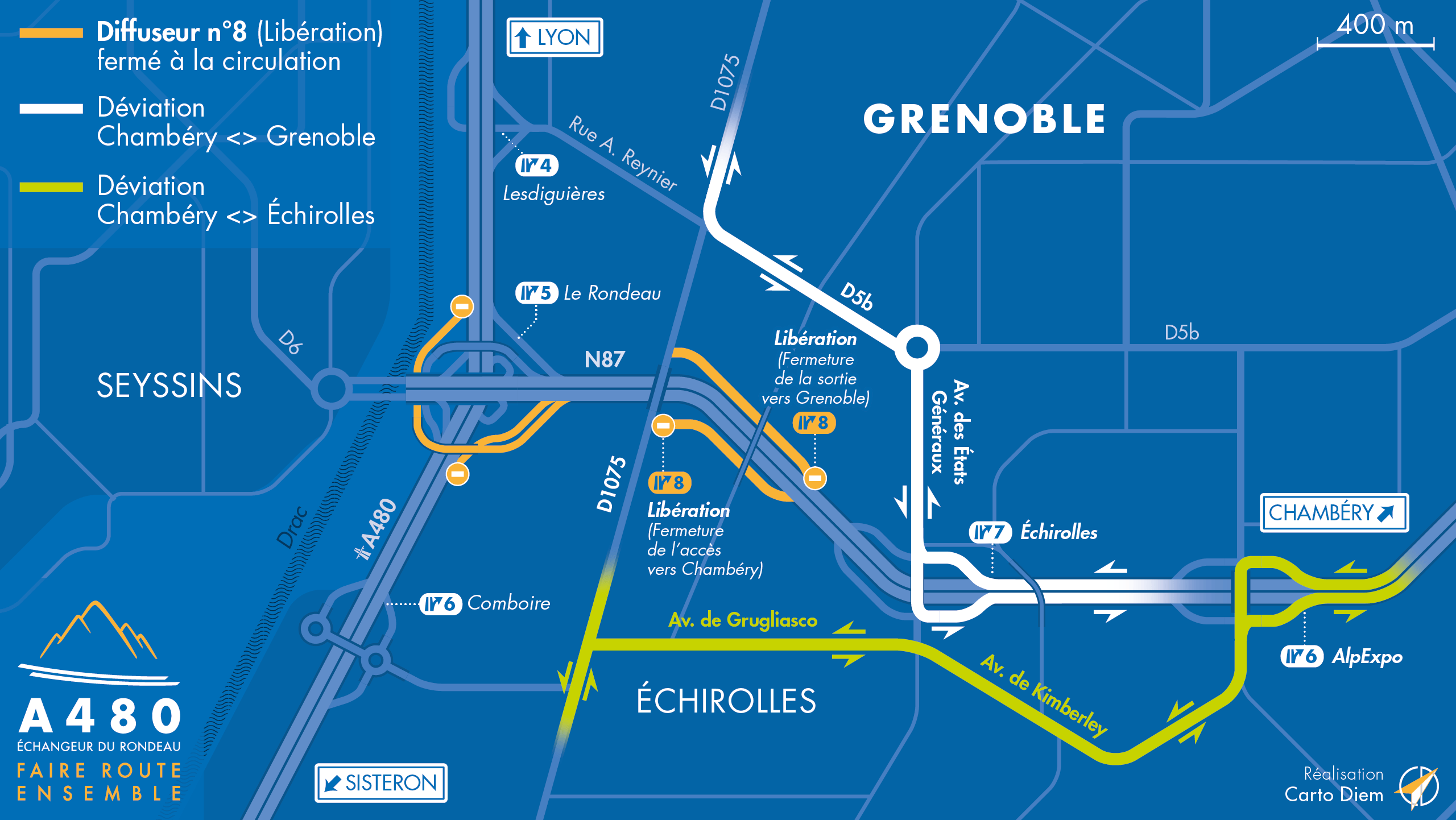 Carte de déviation suite à la fermeture de l'échangeur de Libération ainsi que la bretelle d'insertion sur la N87