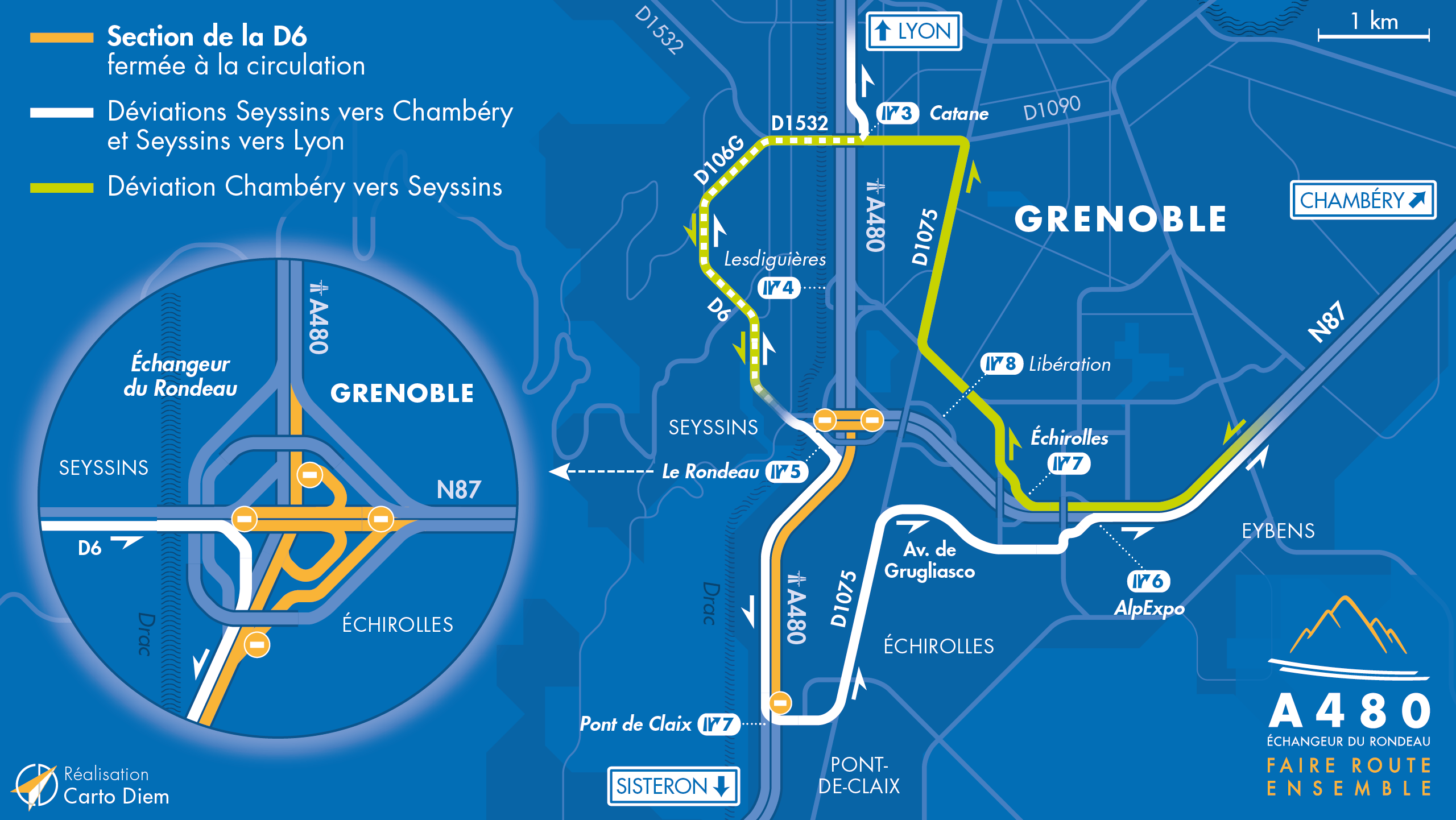 Carte de déviation suite aux fermetures de bretelles de la D6 sur l'échangeur du Rondeau