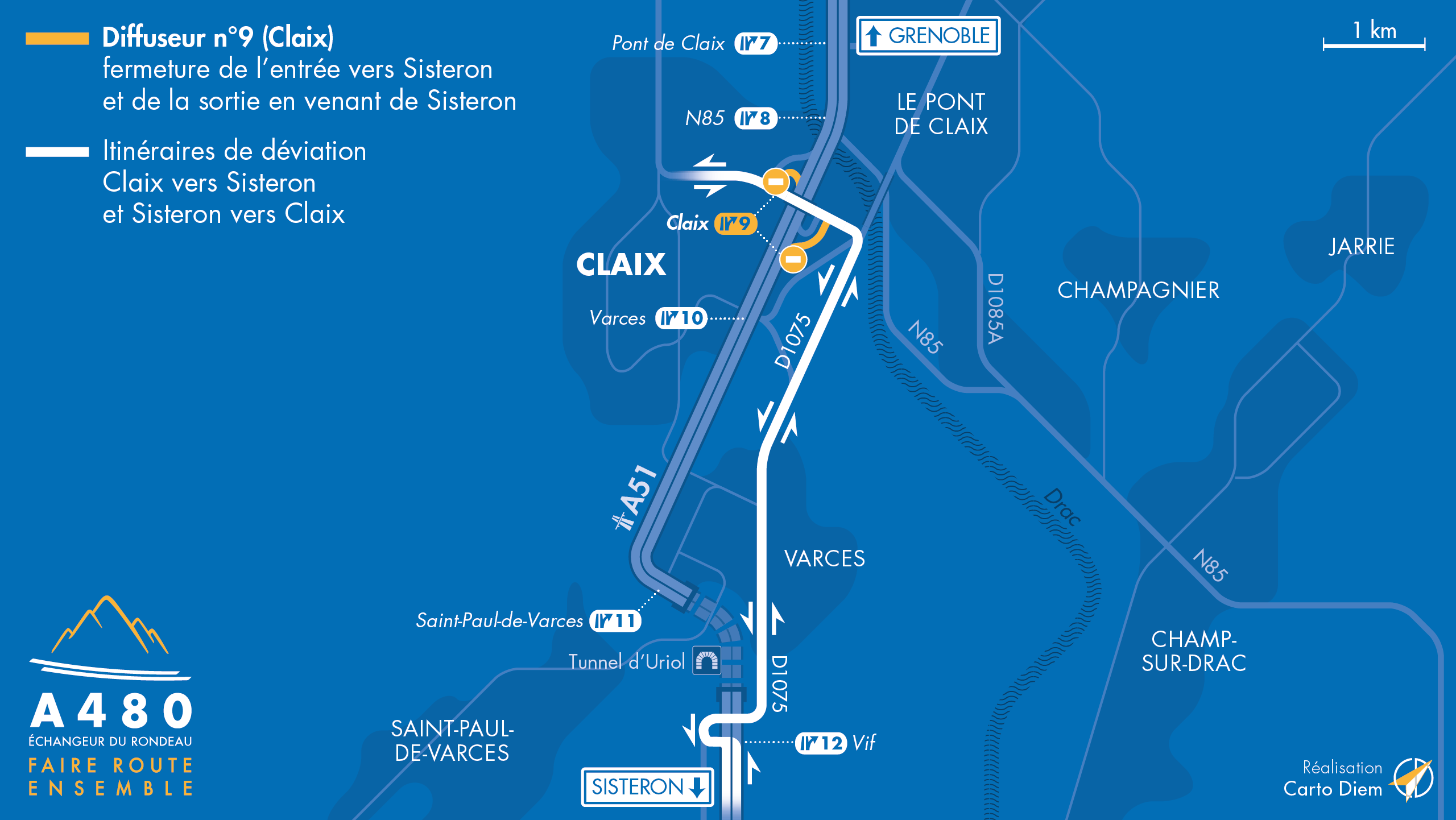 Carte de déviation suite à la fermeture de bretelles sur le diffuseur de Claix