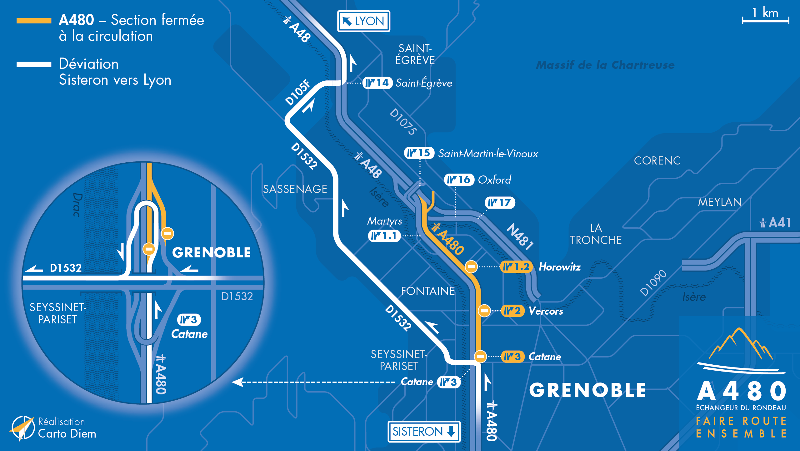 Carte de déviation suite à l'aménagement de l'autoroute urbaine A480 sur Grenoble