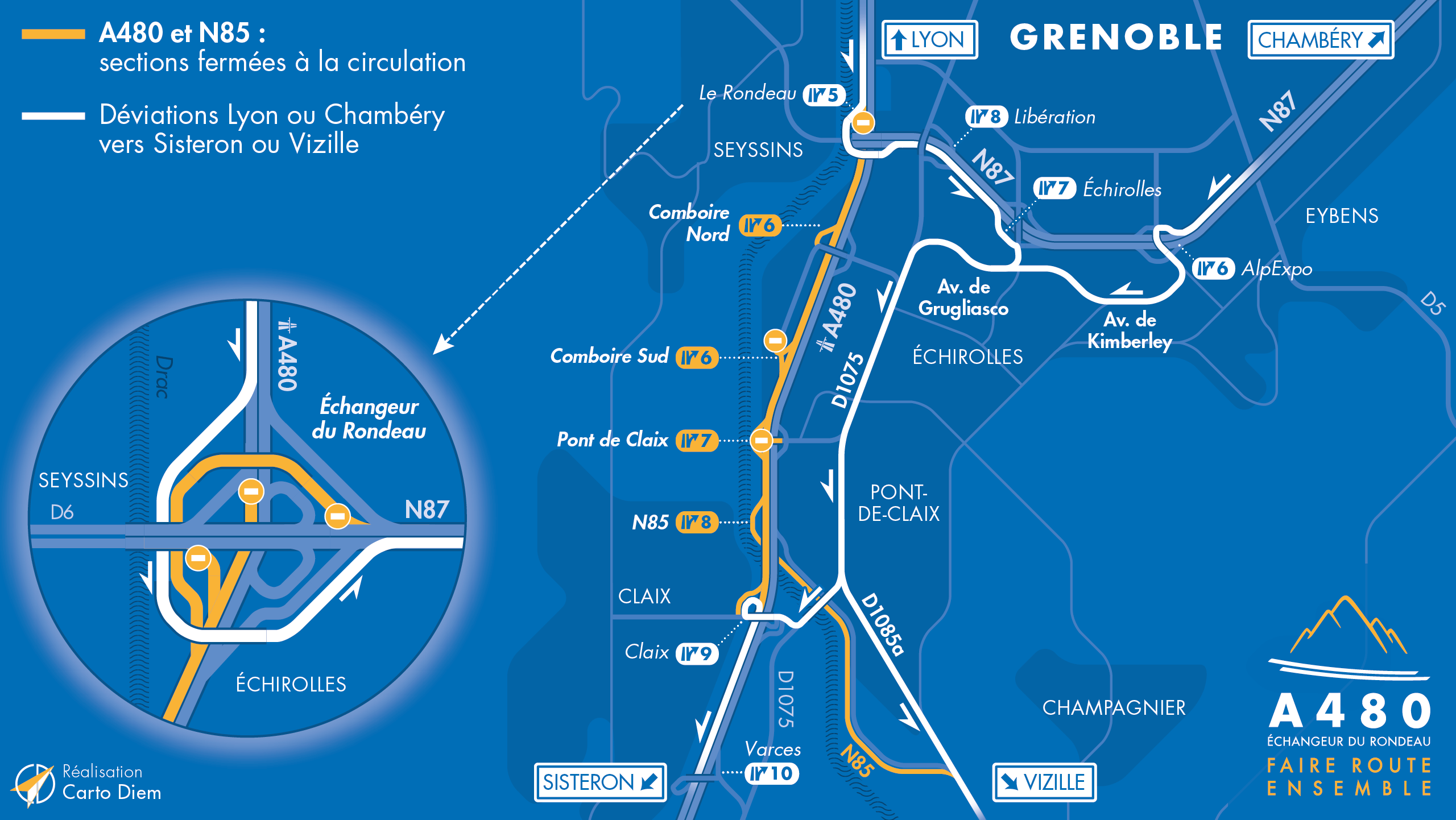 Carte de déviation suite à la fermeture de l'autoroute A480 et la nationale N85 entre le Rondeau et Claix en direction de Sisteron