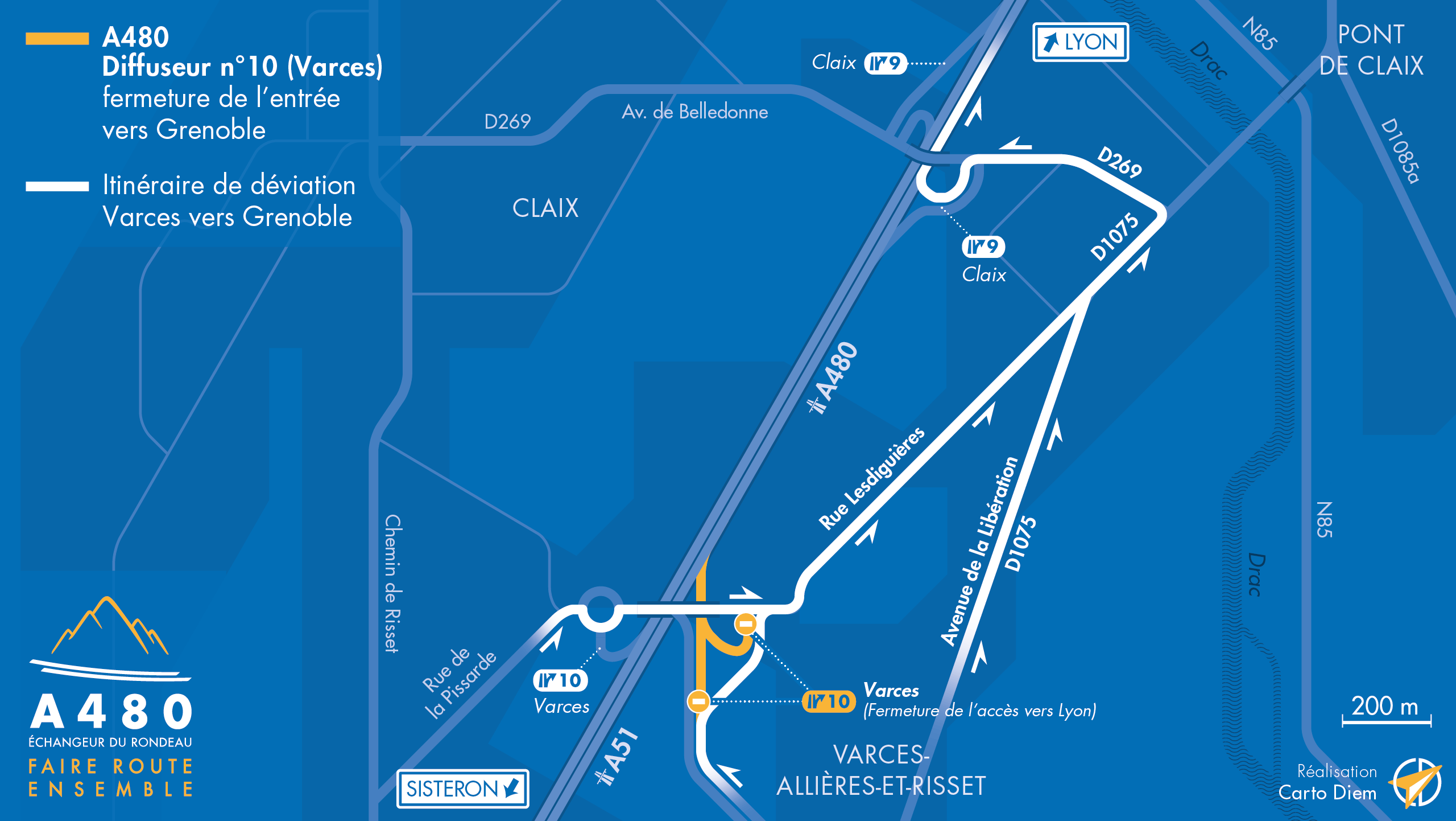 Carte de déviation suite à la fermeture de la bretelle d'entrée du diffuseur de Varces (n°10) sur l'autoroute A480 en direction de Lyon