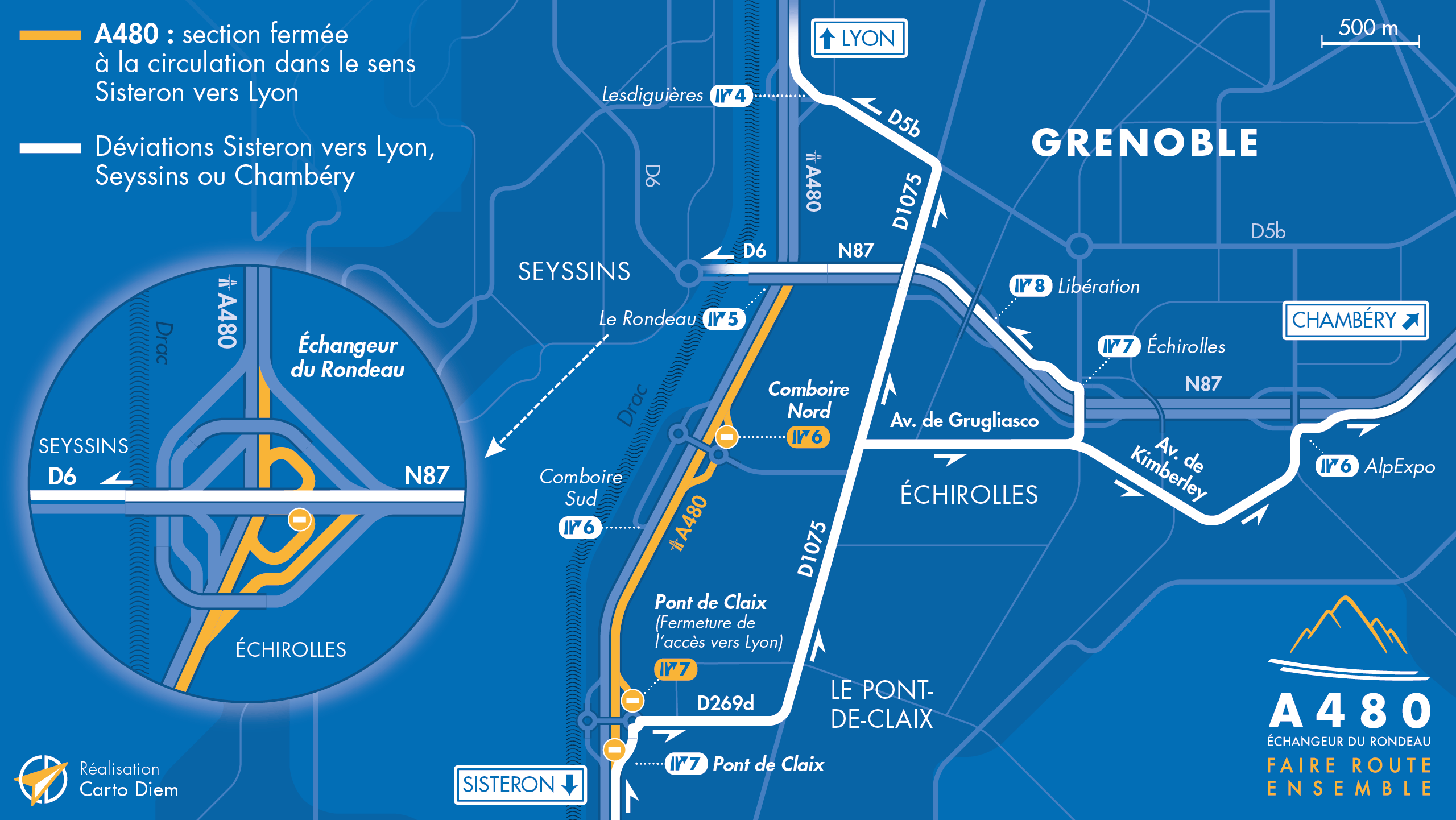 Carte de déviation suite à la fermeture de l'autoroute A480 entre Pont de Claix et le Rondeau en direction de Lyon