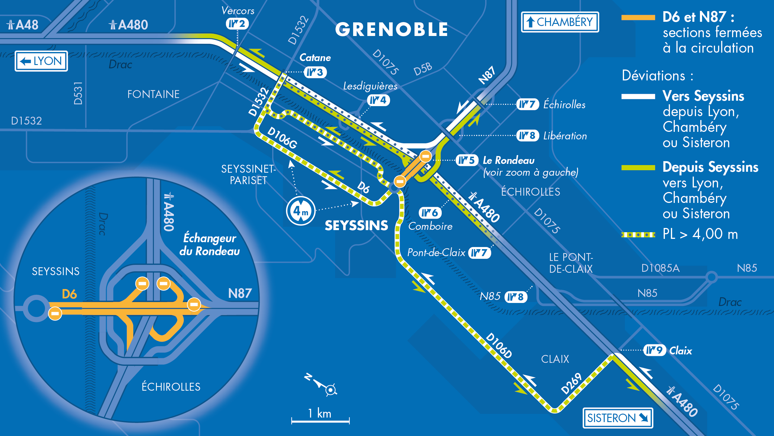 Carte de viation quite à la fermeture de la départementale D6 et d'une partie de la nationale N87 près de l'échangeur du Rondeau