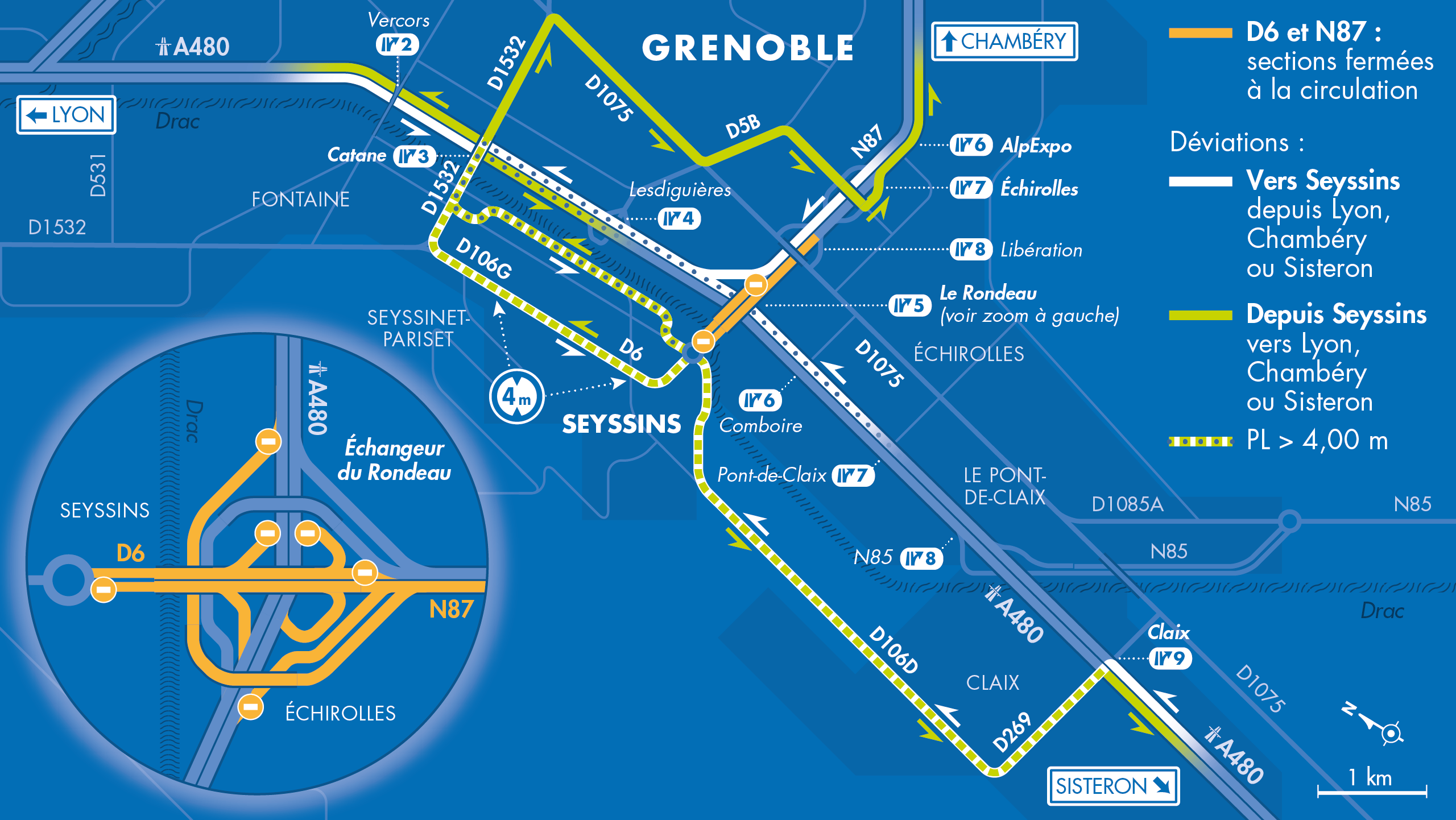 Carte de viation quite à la fermeture de la départementale D6 et d'une partie de la nationale N87 près de l'échangeur du Rondeau
