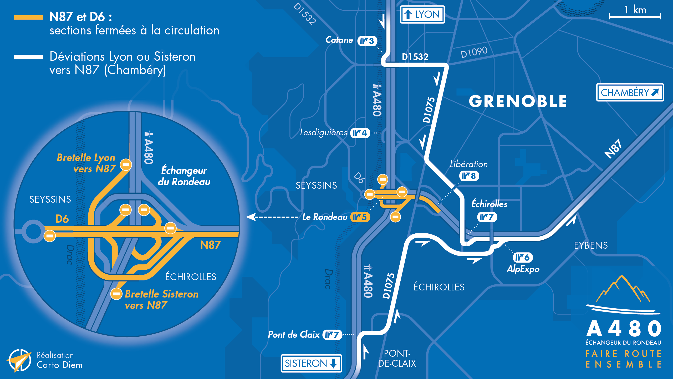 Carte de viation quite à la fermeture de la départementale D6 et d'une partie de la nationale N87 près de l'échangeur du Rondeau