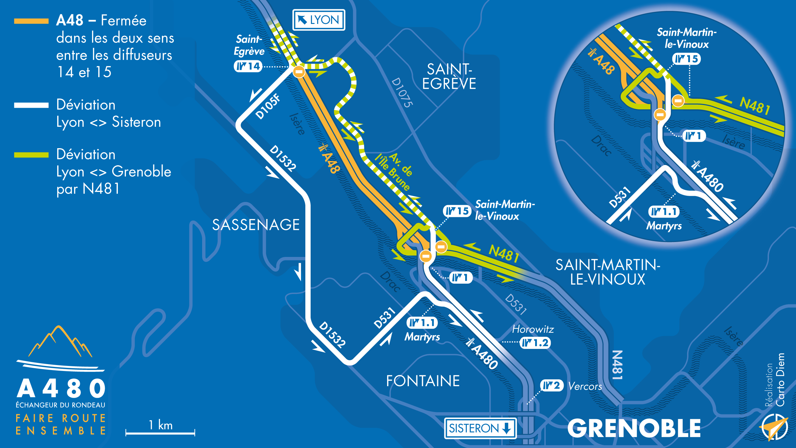 Carte de déviation suite à la fermeture nocturne de l'autoroute A480 entre les diffuseurs de Martyr, Saint-Martin-Le-Vinoux et Saint -Égrève.