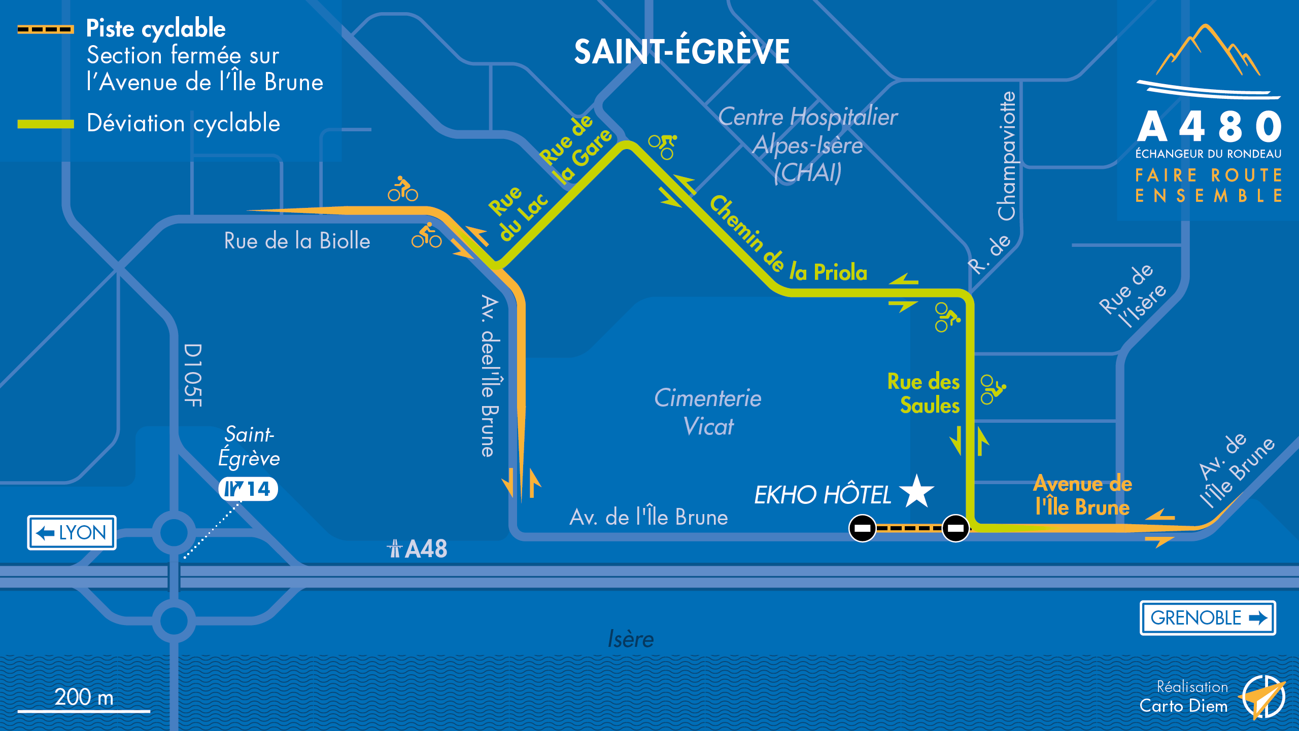 Carte de déviation de la piste cyclable suite à la fermeture d'une partie de l'avenue de l'Île Brune à Grenoble