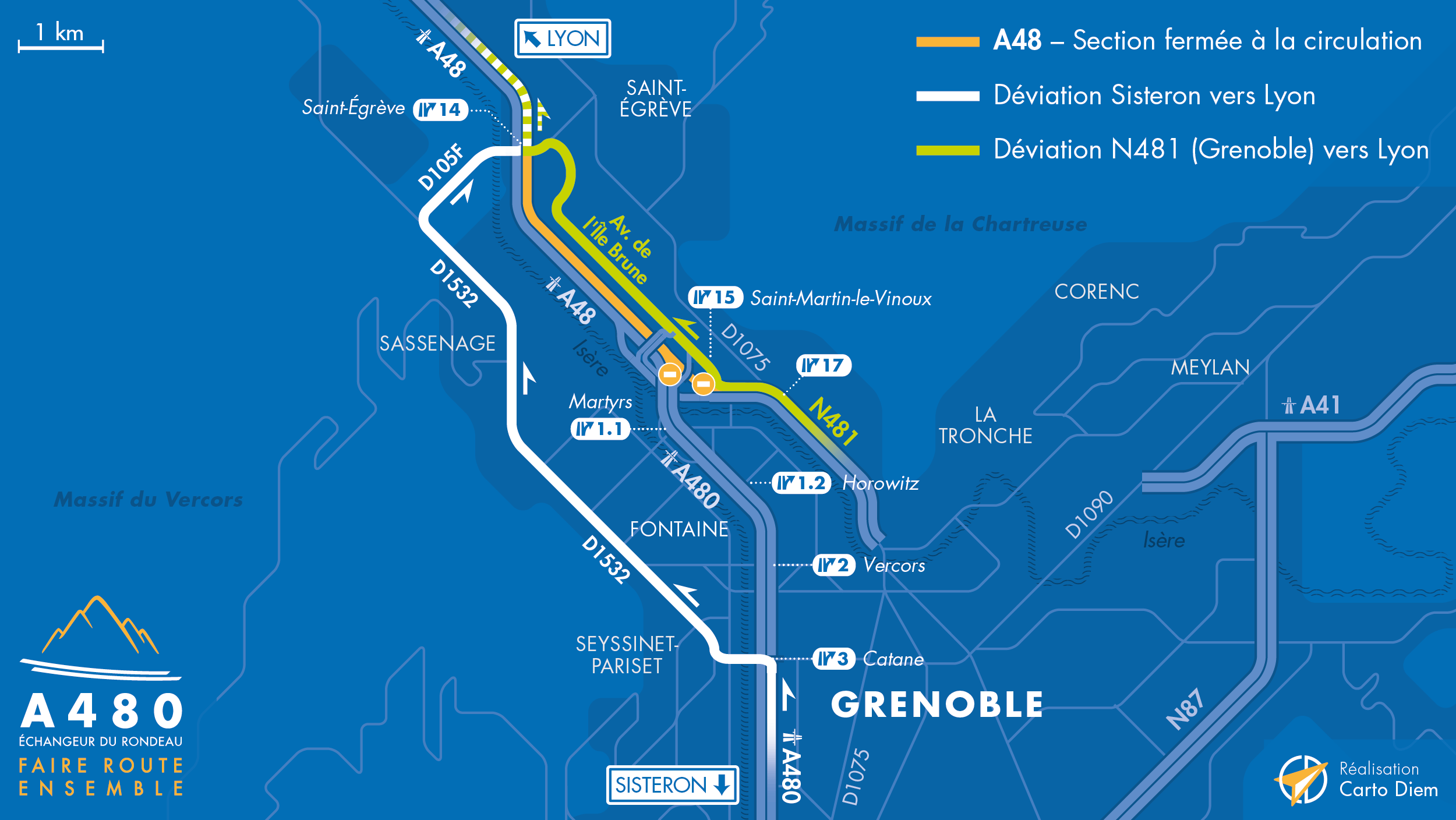 Carte de déviation suite aux travaux sur l'A480 entre Martyrs et Saint-Egrève à Grenoble