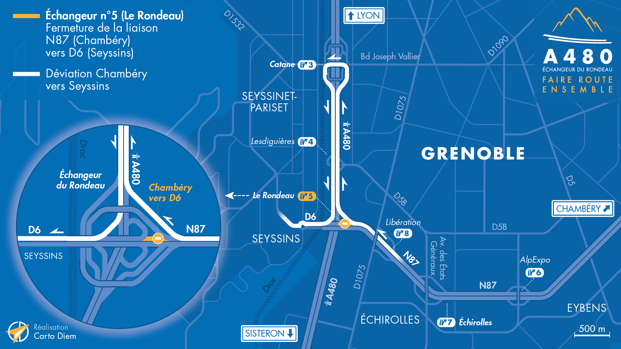 Carte de déviation suite aux fermetures sur l'échangeur du Rondeau à Grenoble