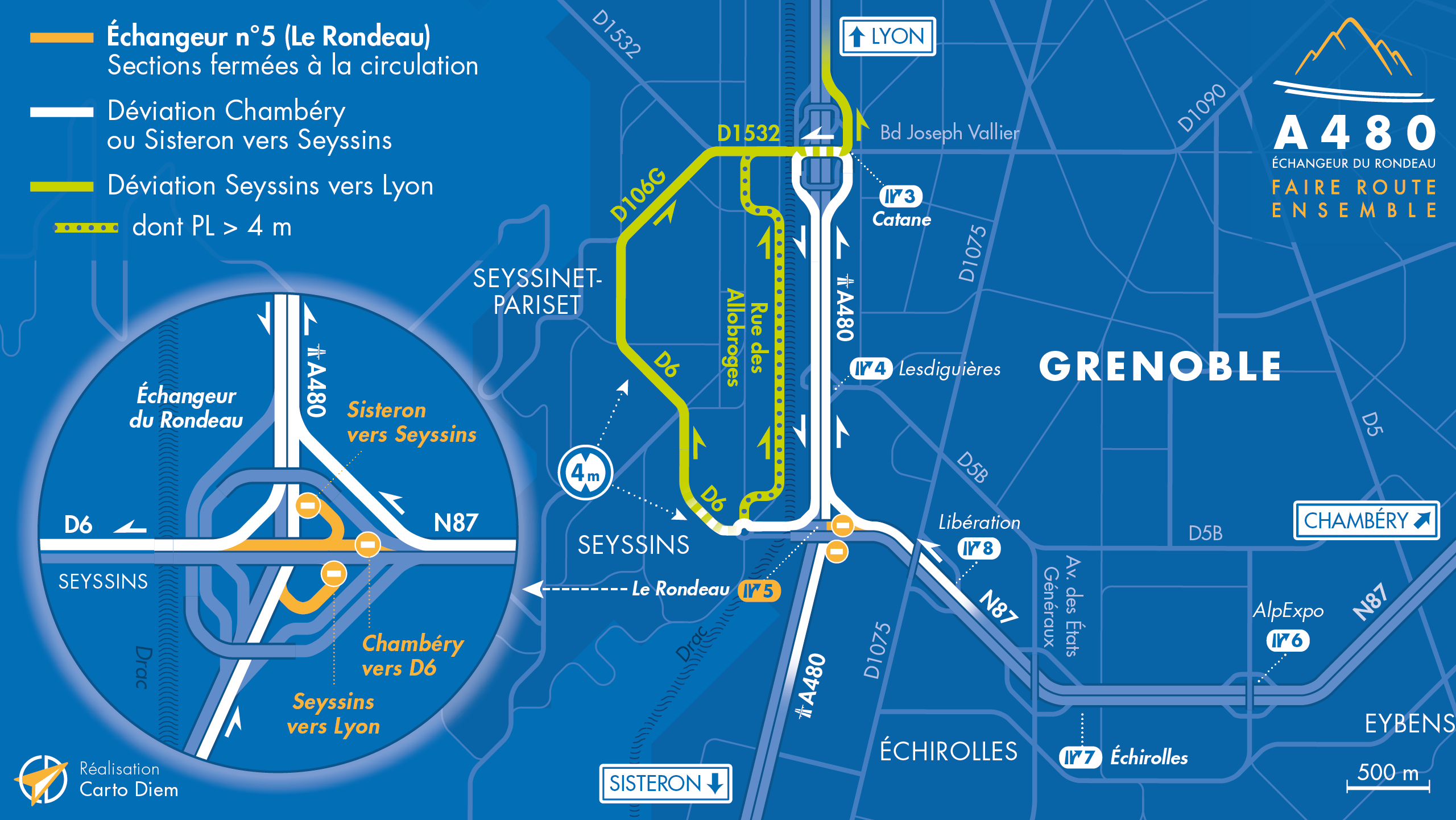 Carte de déviation suite aux fermetures sur l'échangeur du Rondeau à Grenoble