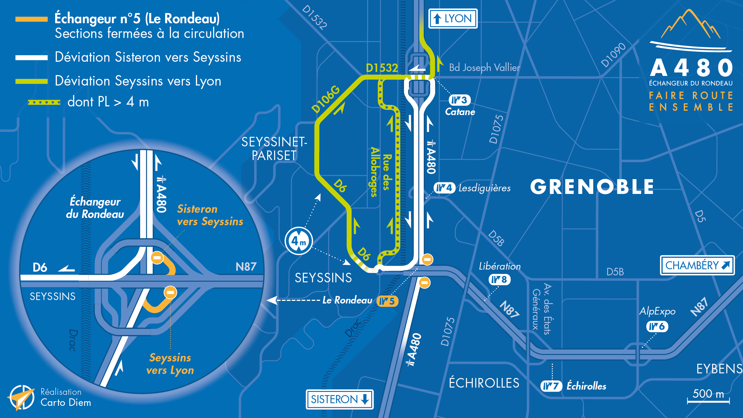 Carte de déviation suite aux fermetures sur l'échangeur du Rondeau à Grenoble