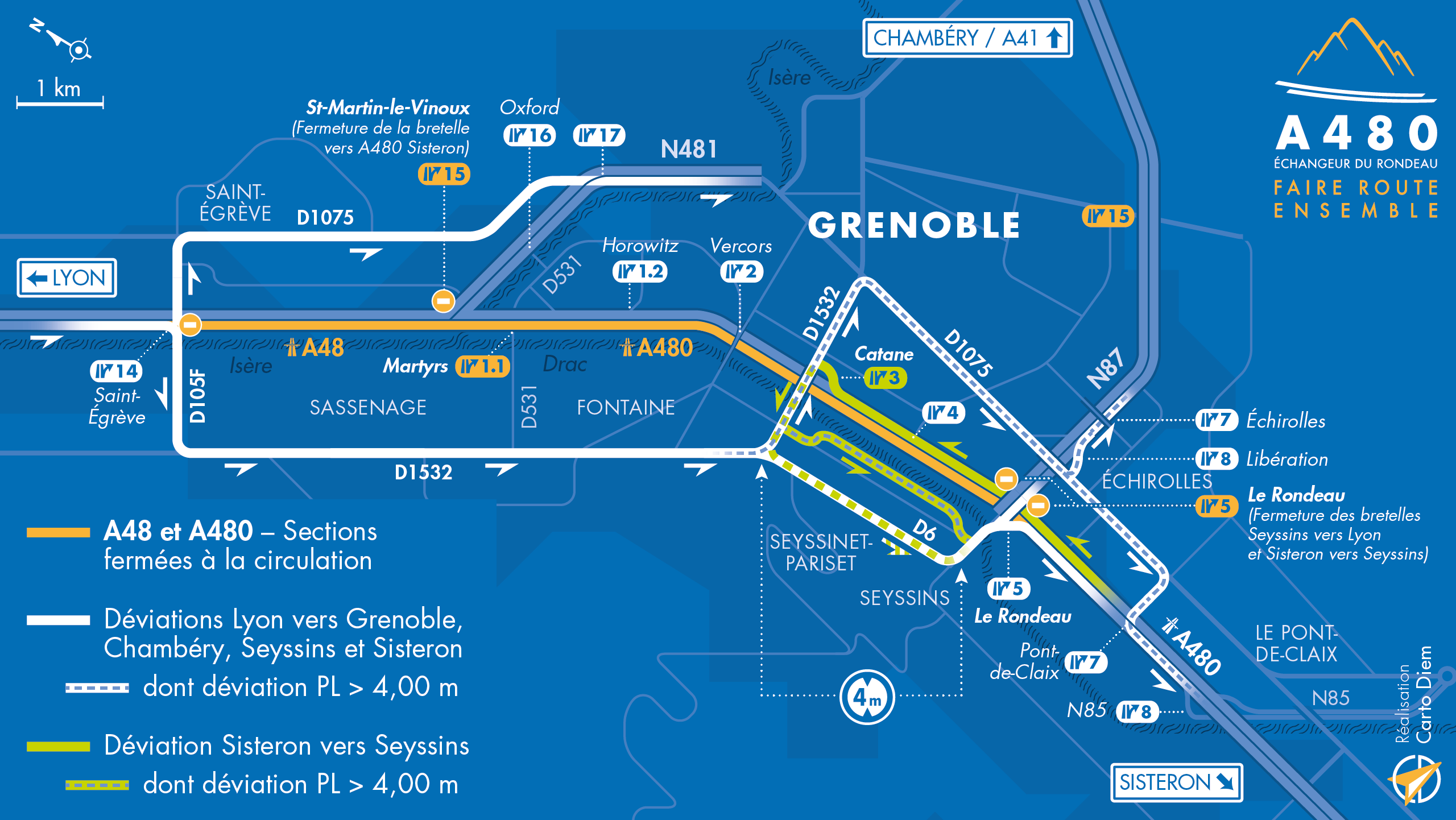 Carte de déviation suite à l'entretien et l'aménagement de l'autoroute A480 entre le diffuseur de Saint-Égrève et l'échangeur du Rondeau sur Grenoble.