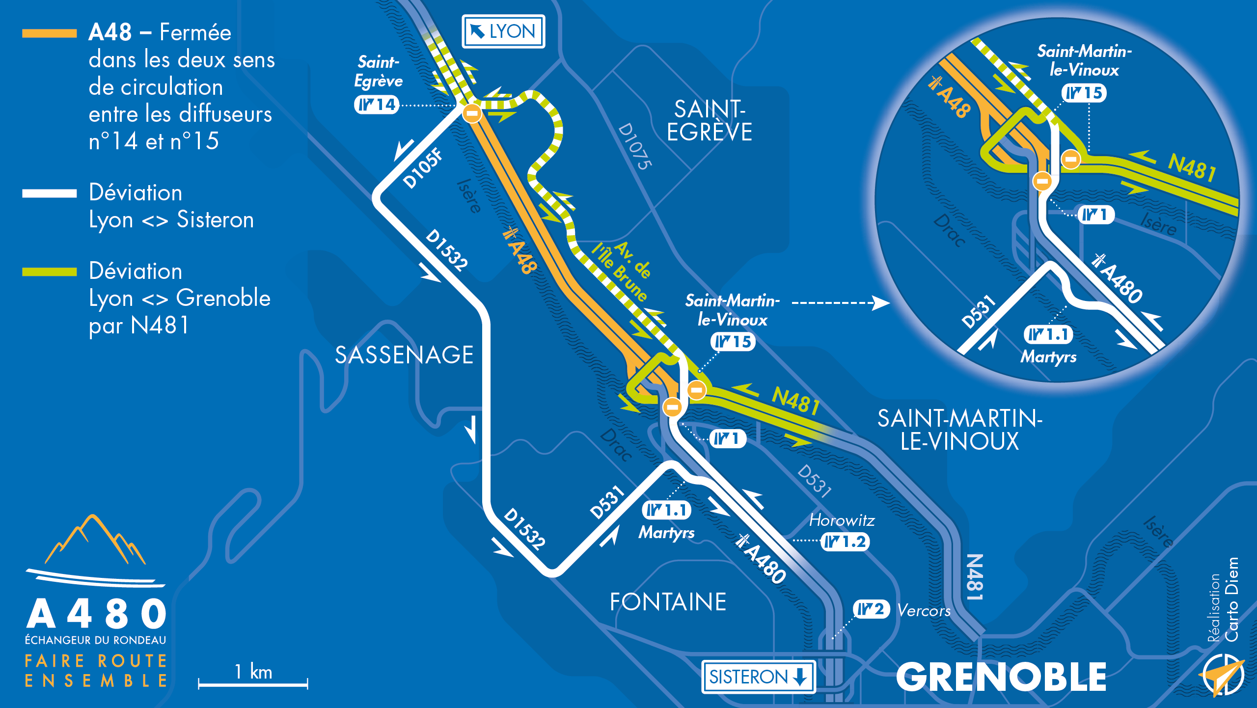 Carte des déviations suite au travaux d'aménagement sur l'autoroute A480 entre Saint-Égrève et Martyrs par les équipes d'AREA sur Grenoble