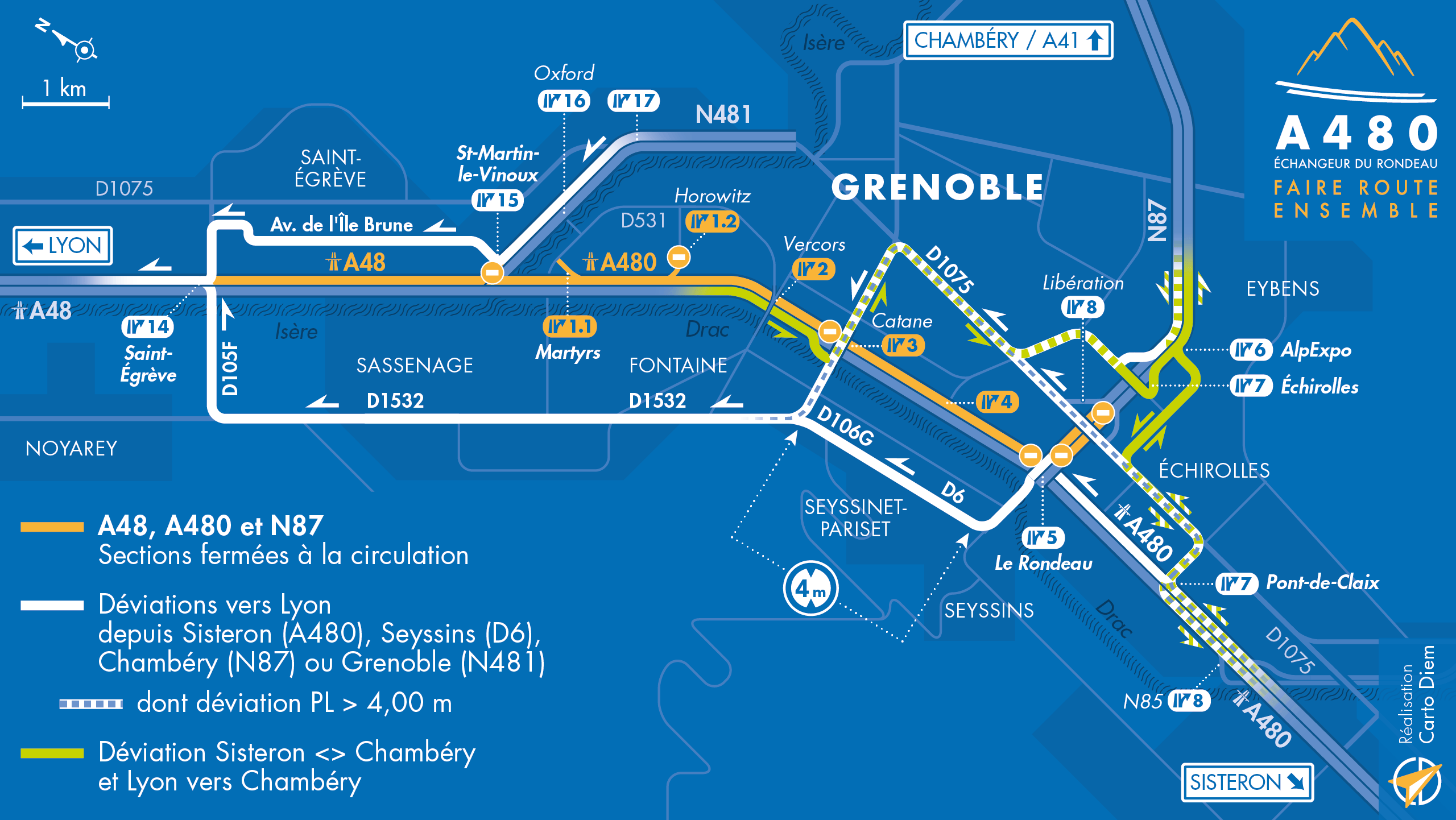 Carte de déviation suite à la fermeture de l'A48 et l'A480 en direction de Sisteron entre Saint-Egrève et le Rondeau.