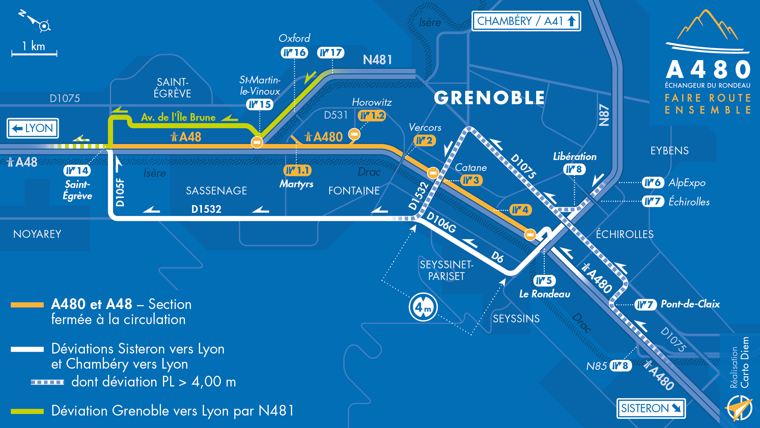 Carte de déviation suite à la fermeture de l'A48 et l'A480 en direction de Sisteron entre Saint-Egrève et le Rondeau.