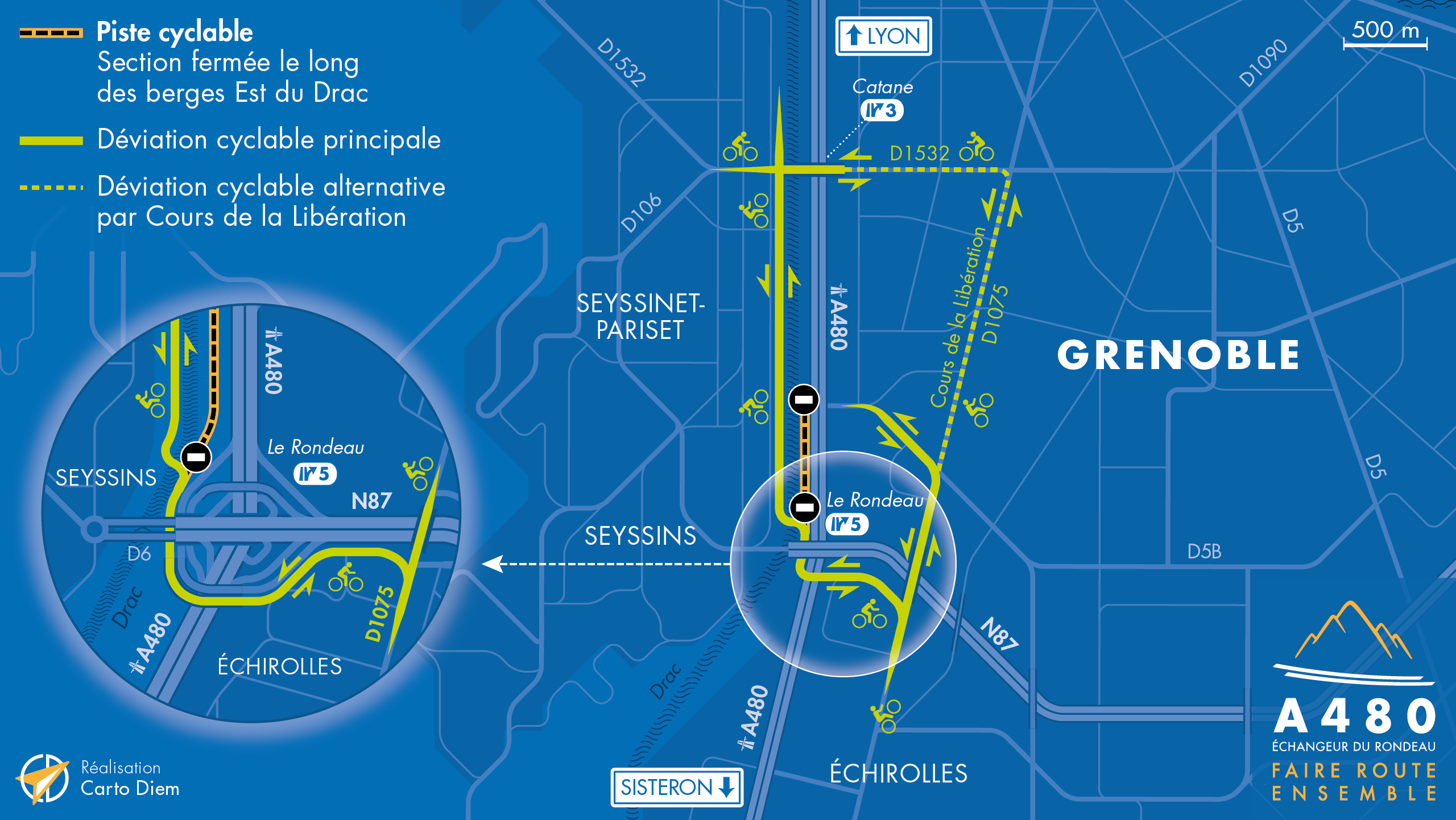 Carte de déviation suite à la réalisation d'une nouvelle passerelle entre l'autoroute 1480 et la nationale N87