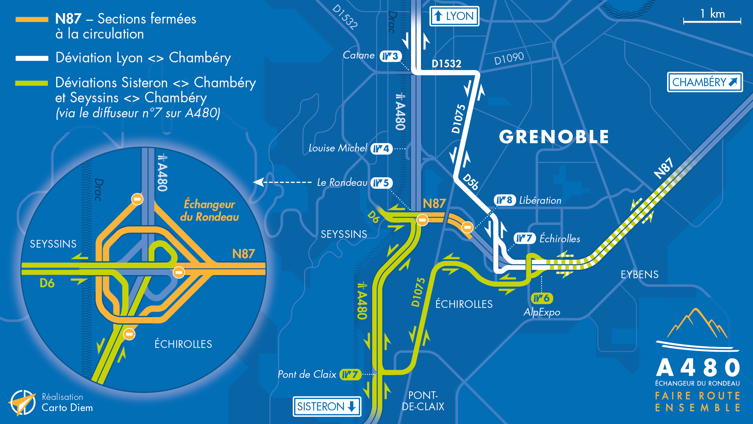 Carte de déviation sur le secteur du Rondeau de l'échangeur par les équipes de la DREAL