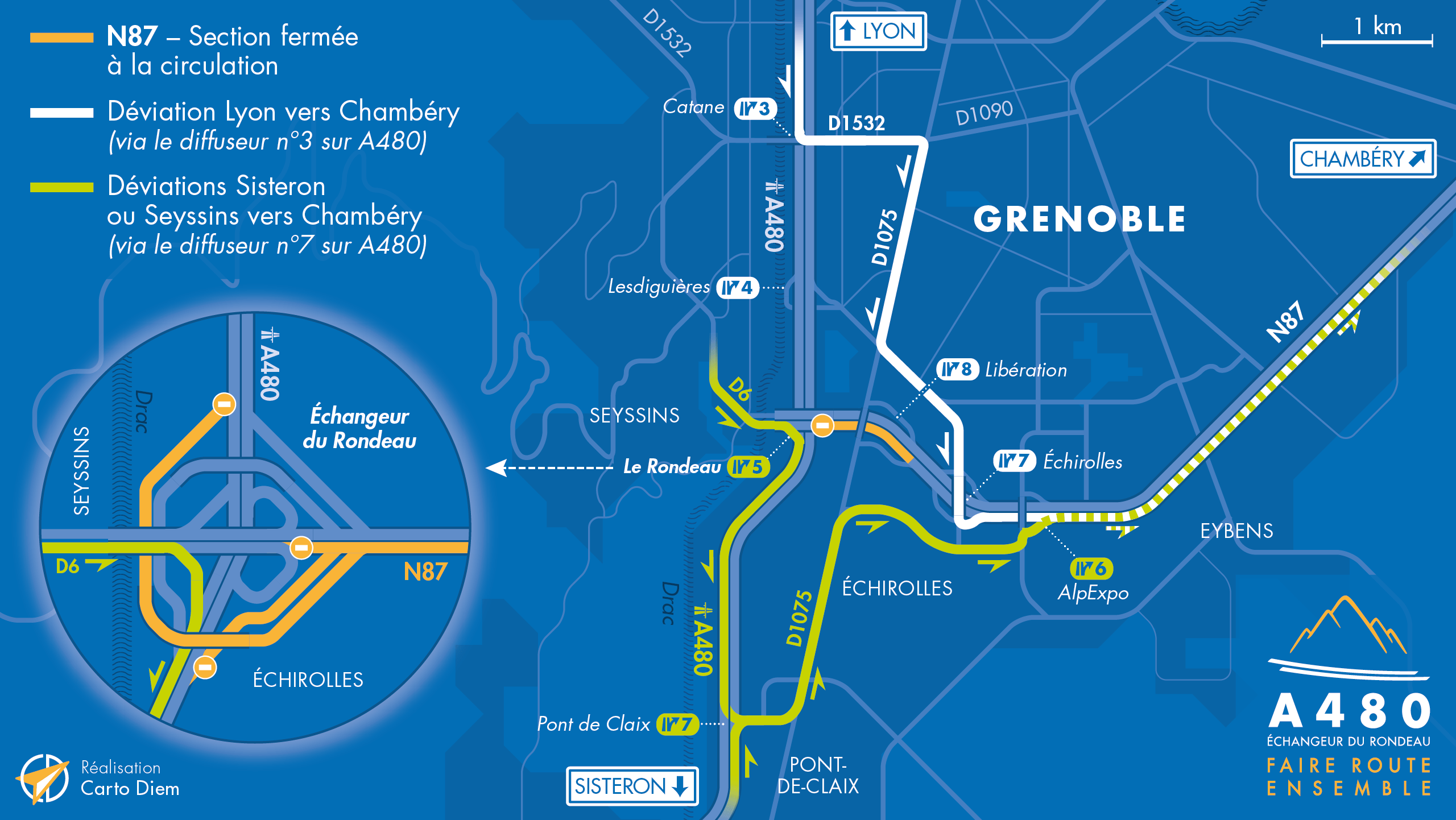 Carte de déviation sur le secteur du Rondeau de l'échangeur par les équipes de la DREAL