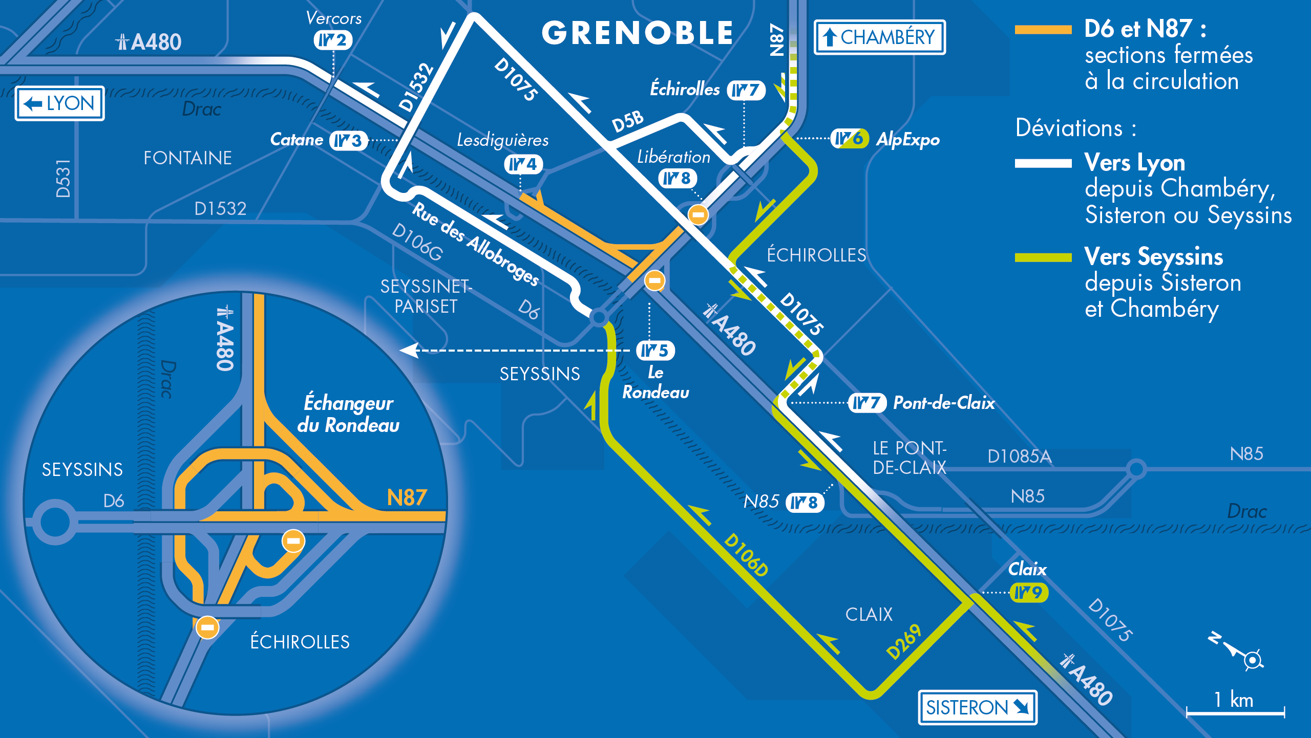 Carte de déviation sur le secteur du Rondeau de l'échangeur par les équipes de la DREAL