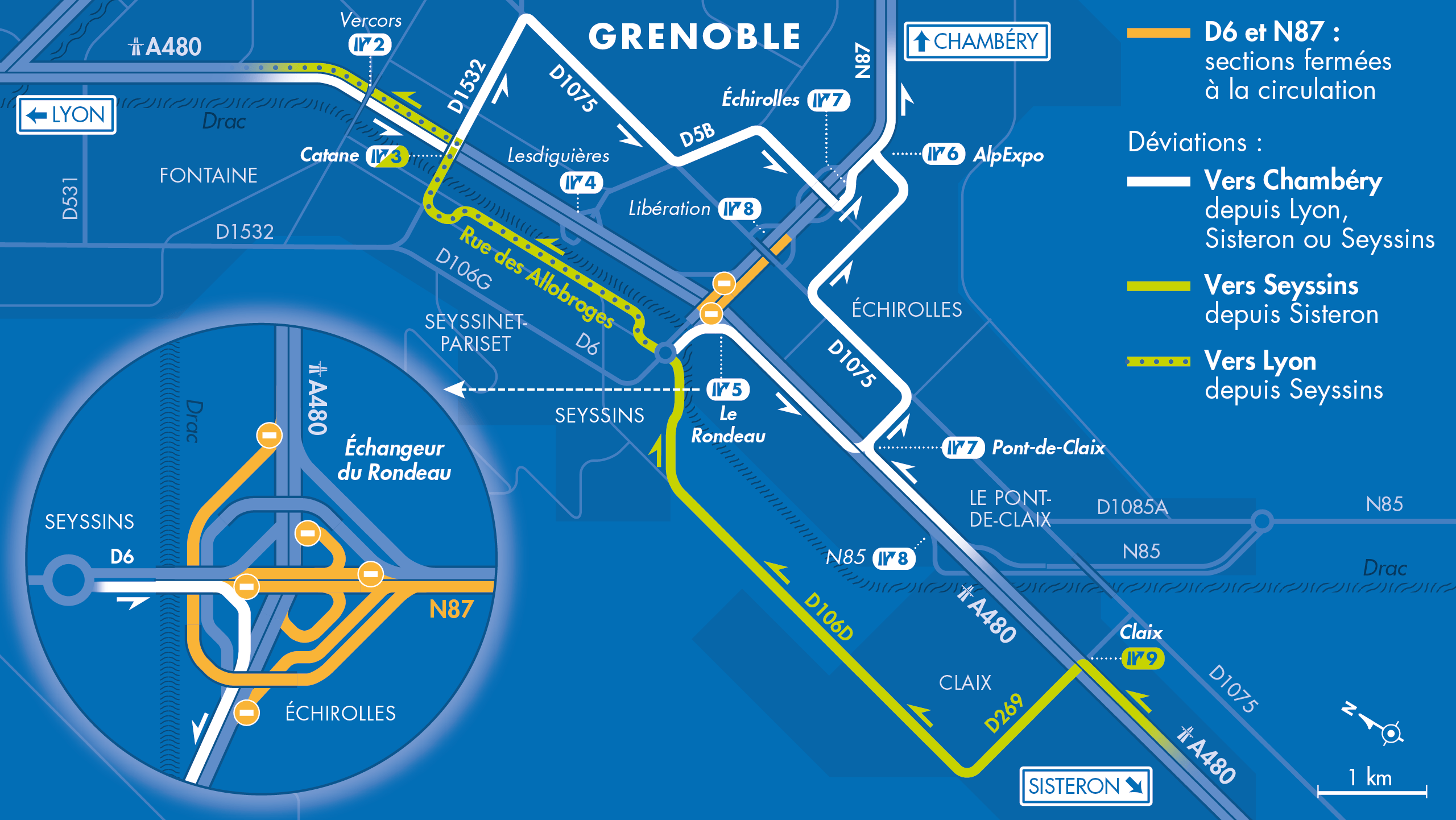 Carte de déviation sur le secteur du Rondeau de l'échangeur par les équipes de la DREAL