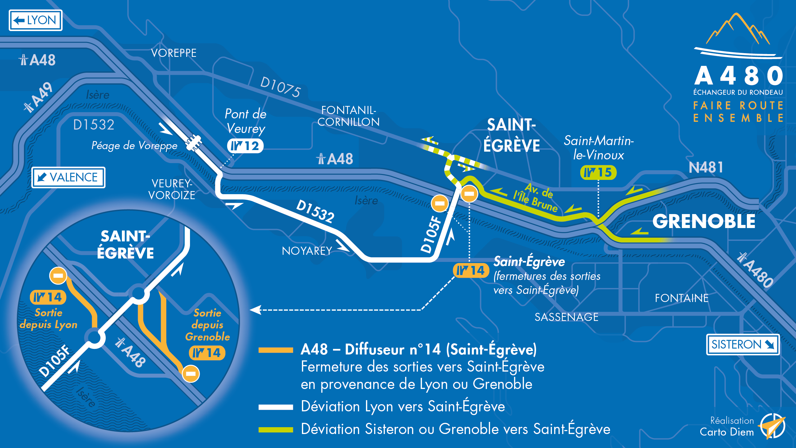 Carte de déviation suite à la fermeture d'une partie du diffuseur de Saint-Égrève, sur l'autoroute A480 près de Grenoble