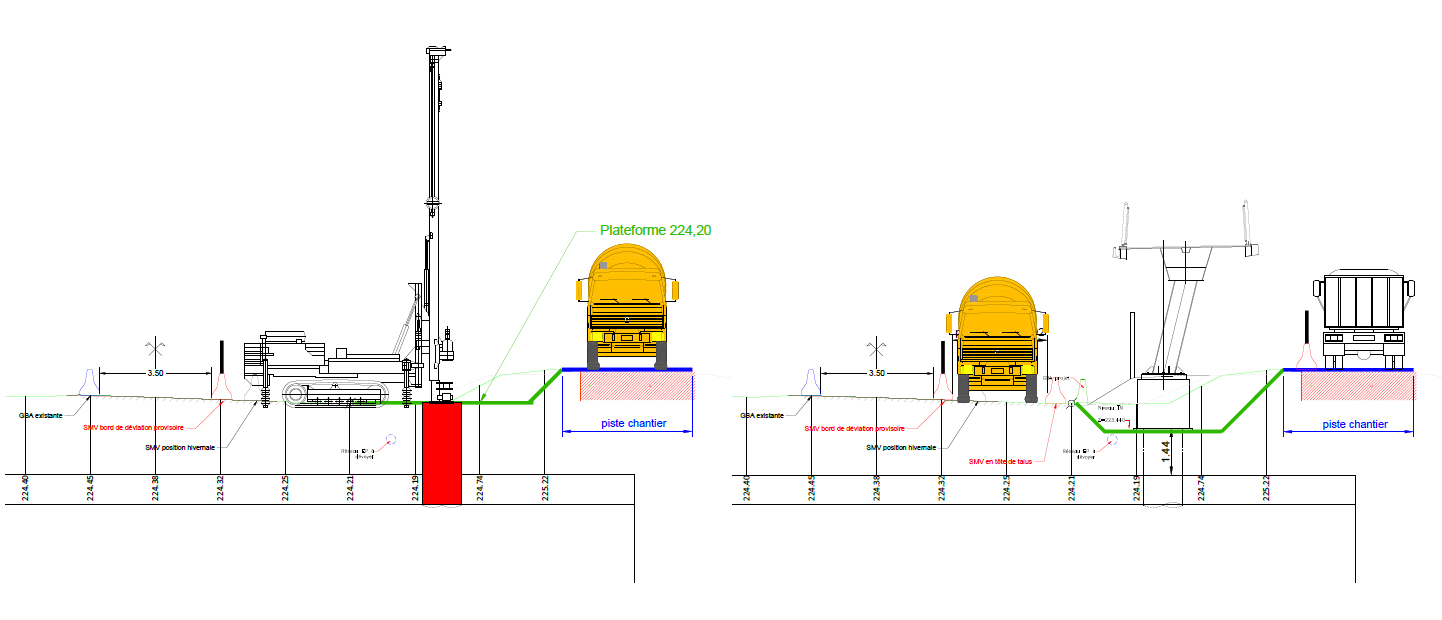 Schéma de coupe de la pose des pieux et des piles pour la nouvelle passerelle entre l'autoroute A480 et la nationale N87