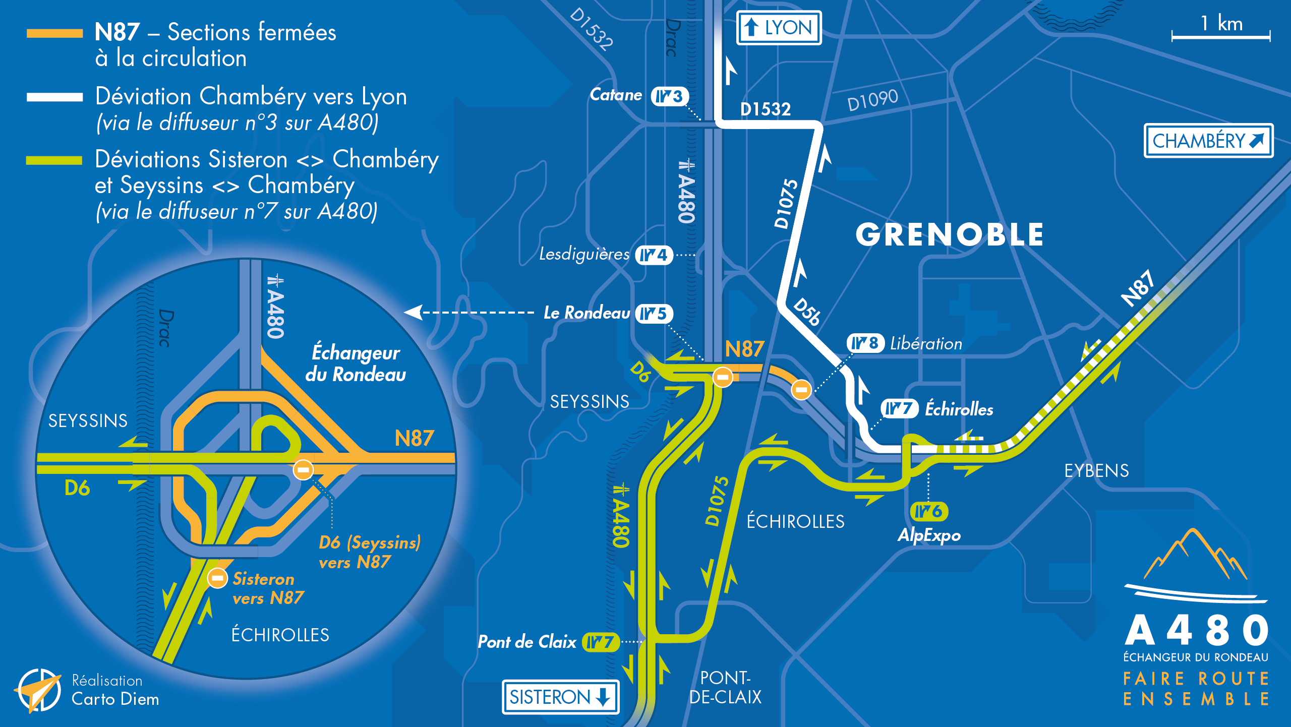 Carte de déviation sur le secteur du Rondeau de l'échangeur par les équipes de la DREAL