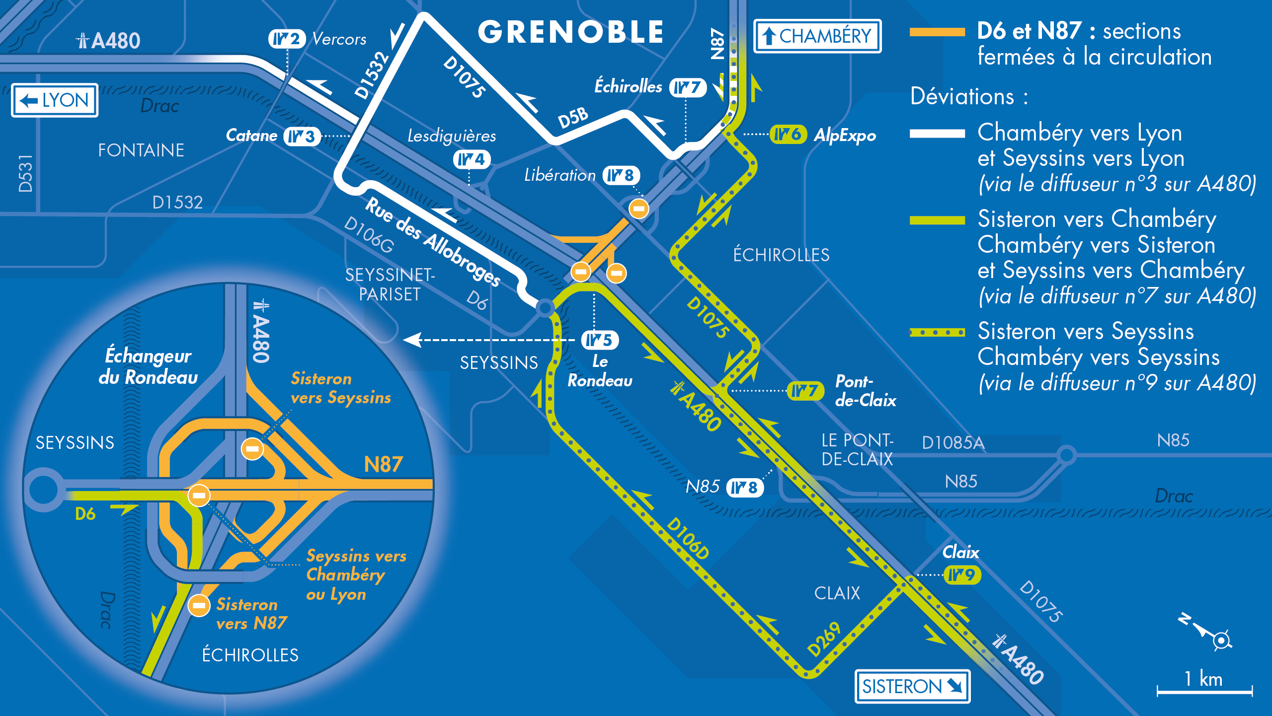 Carte de déviation sur le secteur du Rondeau de l'échangeur par les équipes de la DREAL