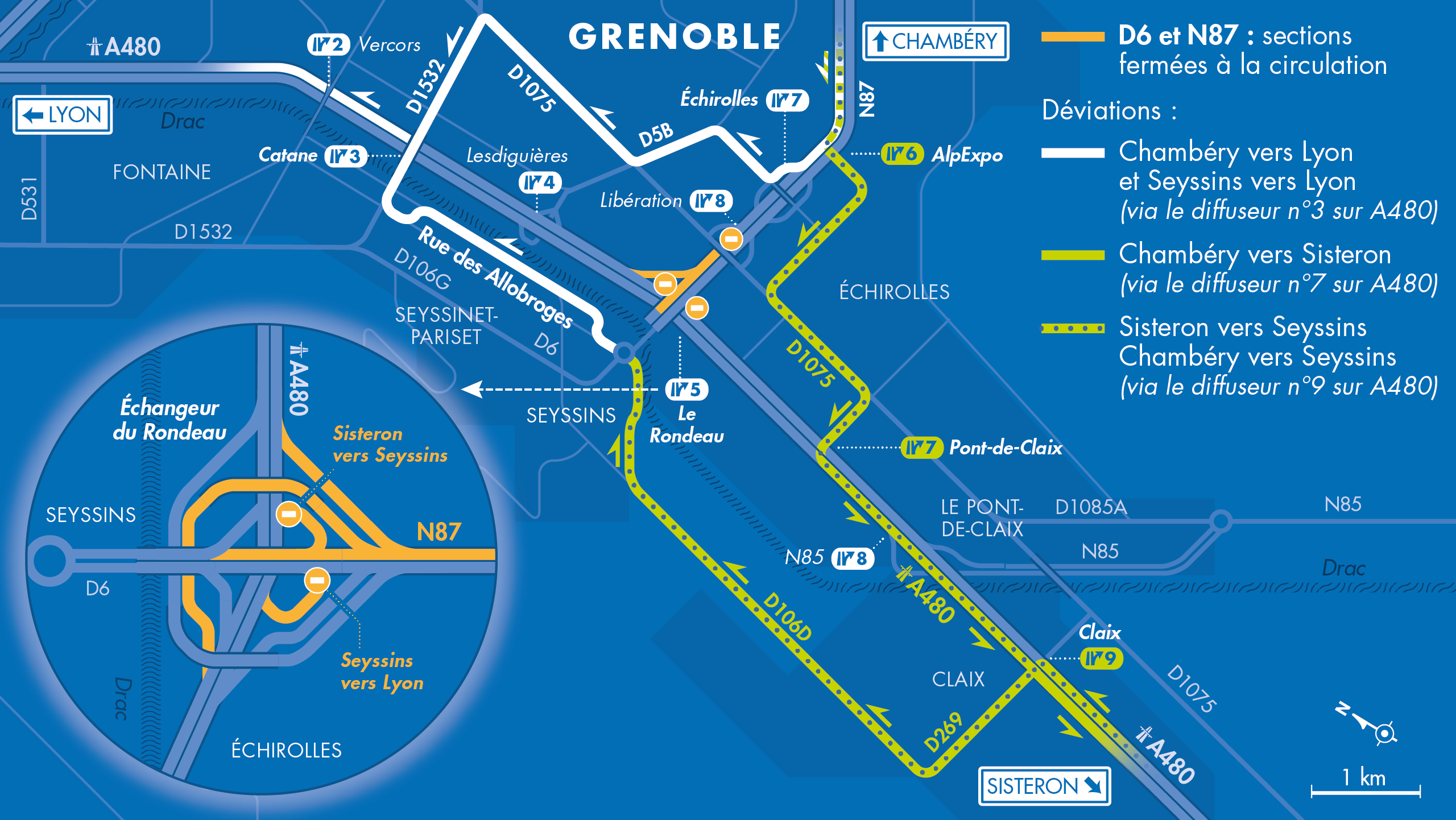 Carte de déviation sur le secteur du Rondeau de l'échangeur par les équipes de la DREAL