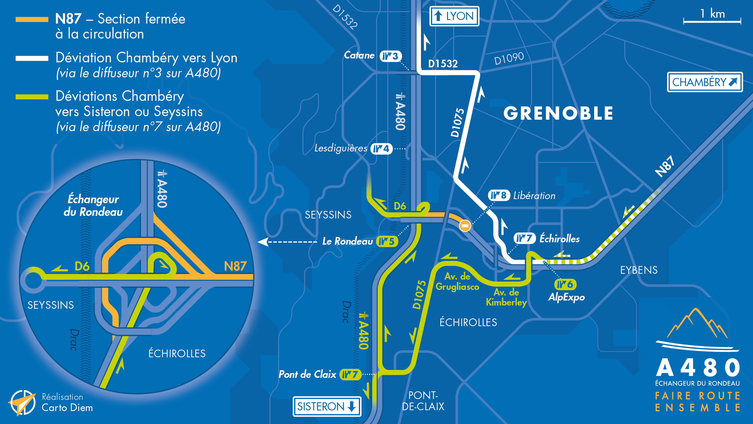 Carte de déviation suite à la fermeture de la Nationale N87 en entre le diffuseur de Libération et l'A480 Nord