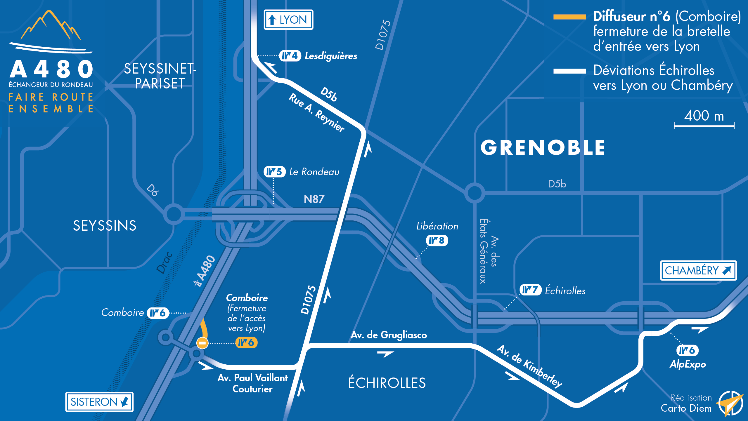 Carte de déviation suite à la fermeture de la bretelle d'entrée sur l'A480 du diffuseur de Comboire en direction de Lyon