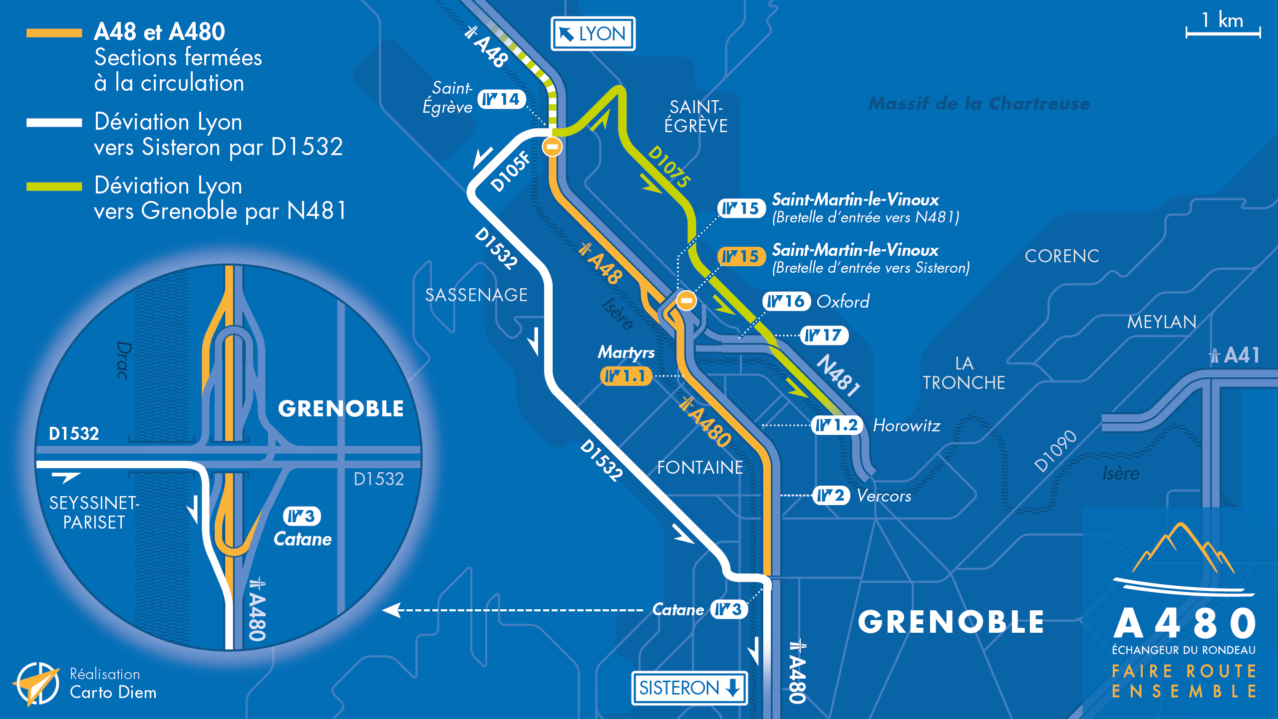 Carte de déviation suite à la campagne d'entretien entre Saint-Égrève et Catane sur l'autoroute A480 par les équipes d'AREA