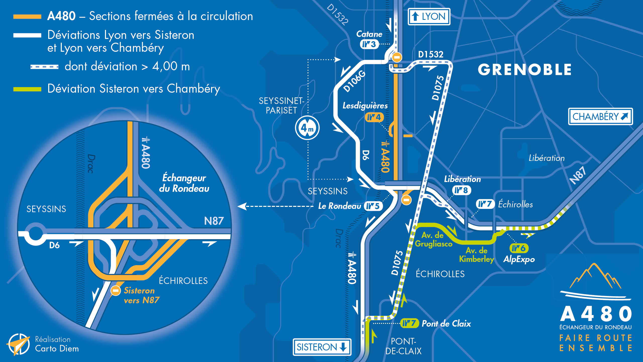 Carte de déviation suite à la campagne d'entretien entre Catane et le Rondeau sur l'autoroute A480 par les équipes d'AREA