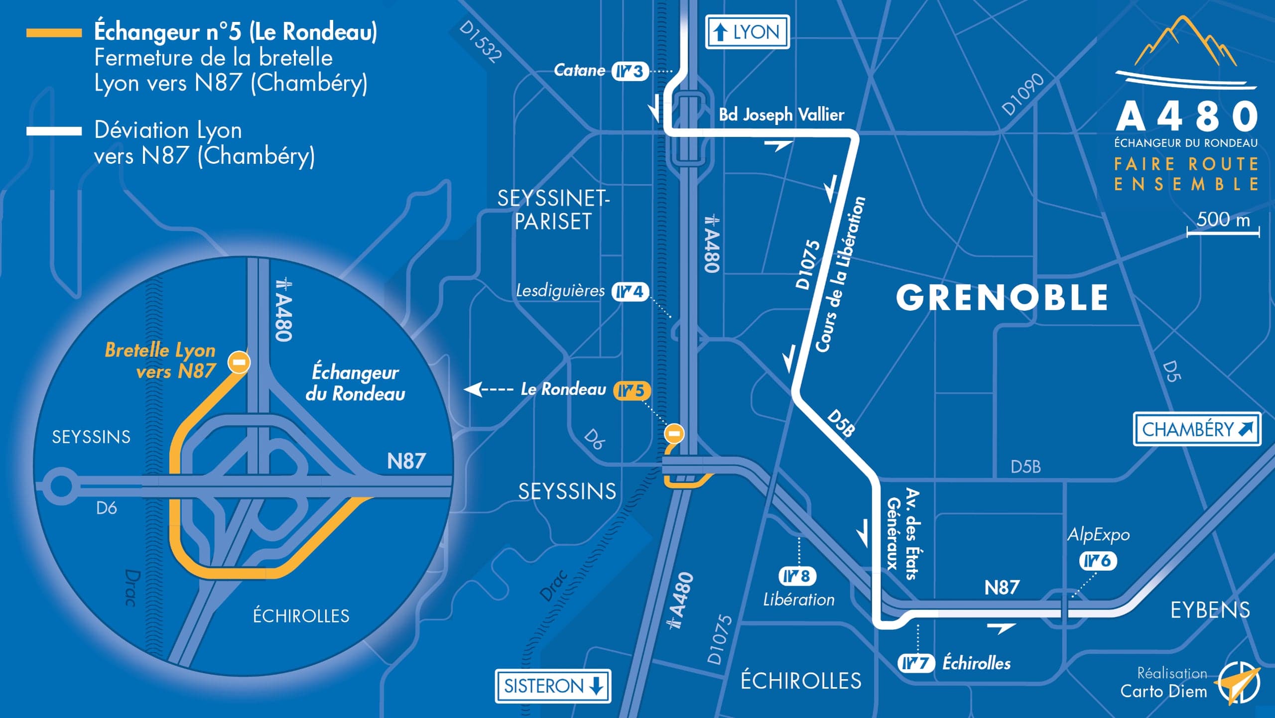 Carte de déviation suite aux travaux d'aménagement sur la bretelle d'insertion Nord en direction de la nationale N87 par les équipes de la DREAL
