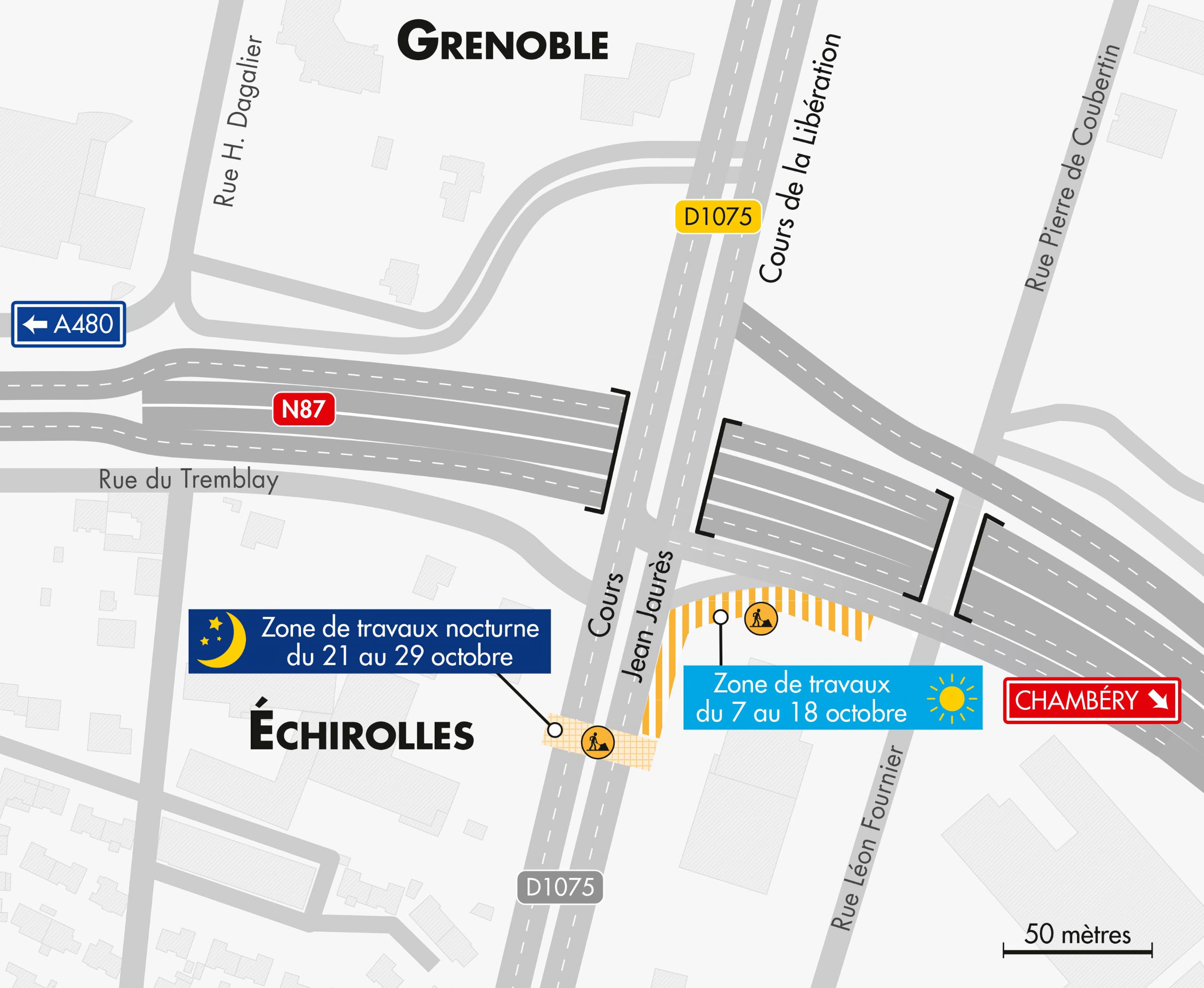 Carte de déviation suite à la fermeture de la cours Jean Jaurès