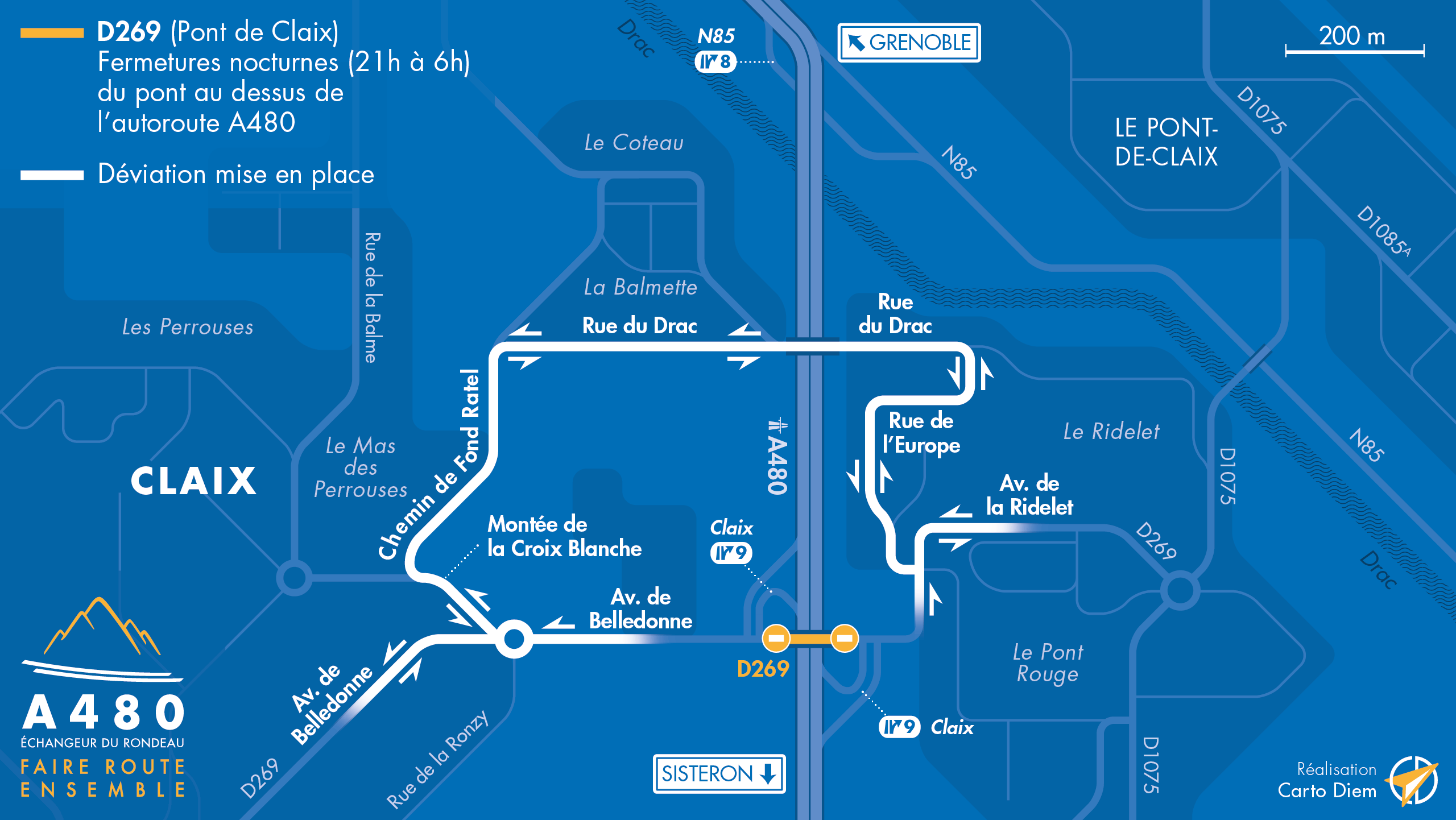 Carte de déviation suite aux travaux sur l'avenue de la Ridelet à Claix dans le cadre de l'aménagement de l'autoroute A480.