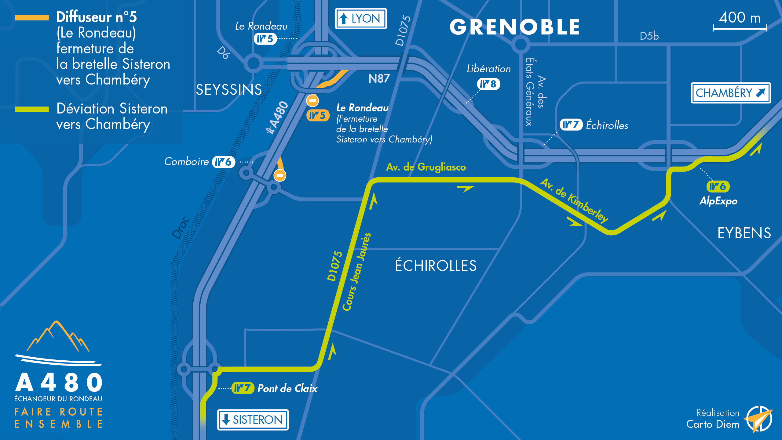 carte de déviation suite à la fermeture des sur l'échangeur du Rondeau et le diffuseur de Comboire en direction de Chambéry