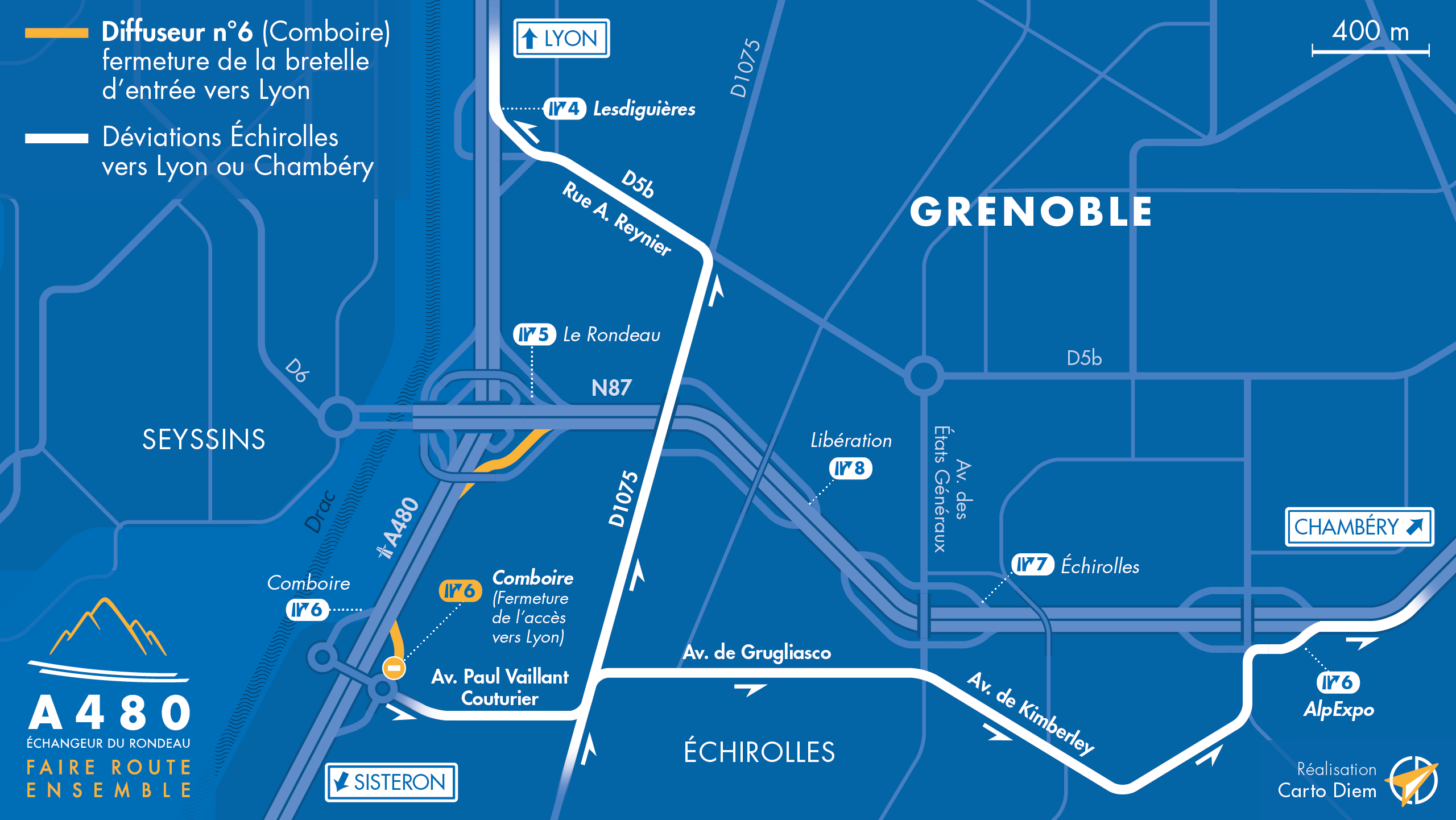 carte de déviation suite à la fermeture des sur l'échangeur du Rondeau et le diffuseur de Comboire en direction de Lyon ou Chambéry